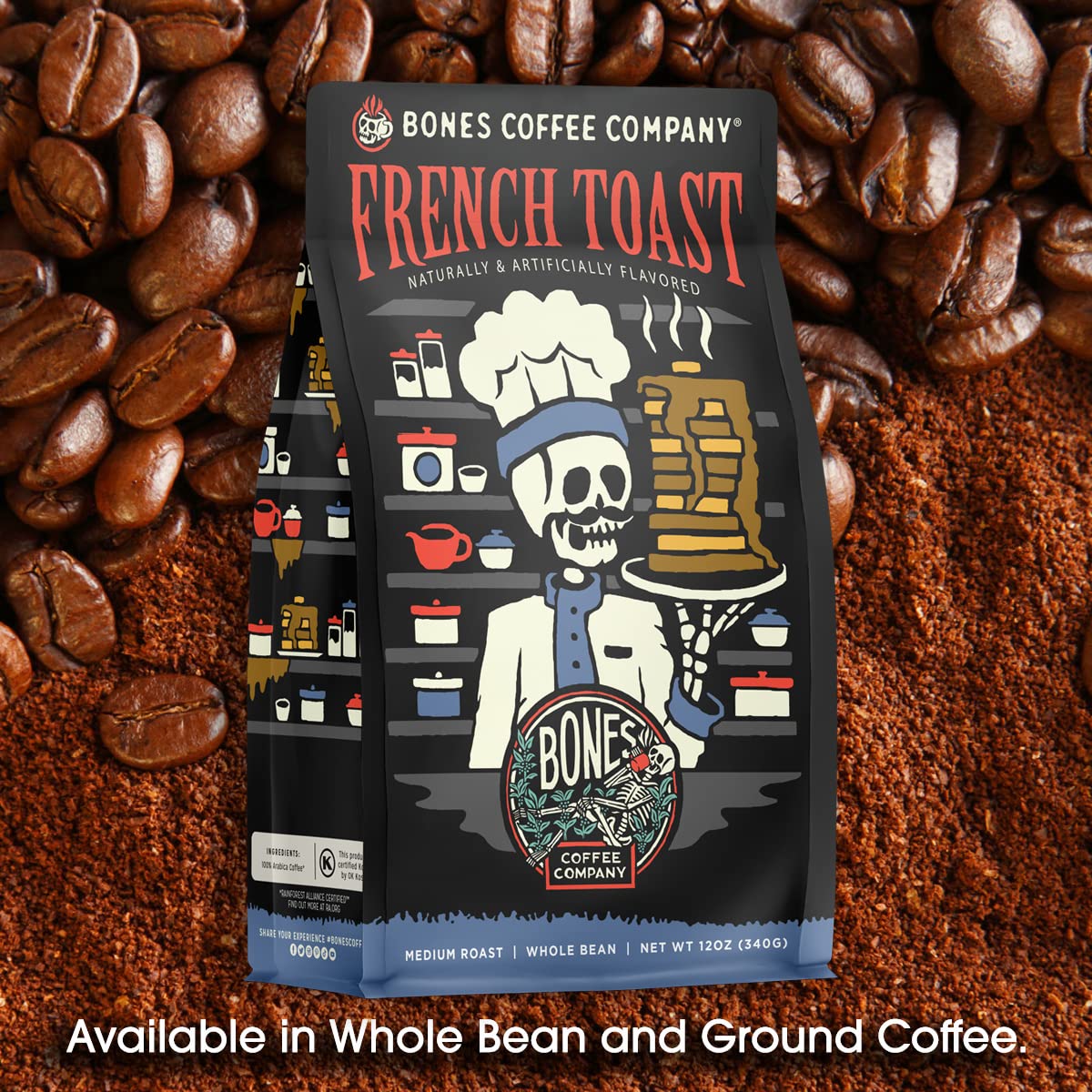 Bones Coffee Company Salty Siren, Sea Salted Caramel Chocolate Flavored Coffee, Medium Roast Low Acid Arabica Beans Compatible with Auto drip and French Press Coffee Maker, 12 Oz Whole Bean