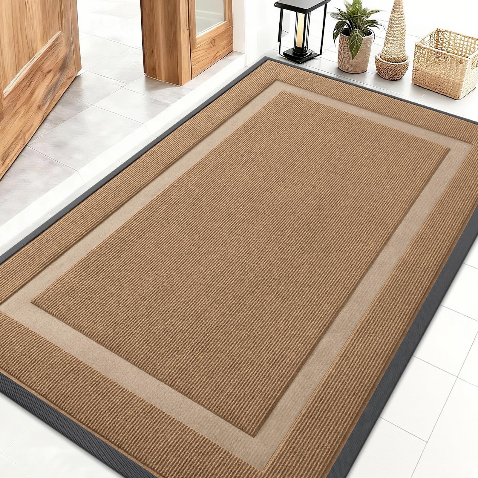 OLANLY Front Door Mat Indoor Outdoor Entrance, Waterproof All-Season, All-Weather Doormat, Sturdy Natural Rubber, Fade Resistant, Low Profile, Easy Clean Patio Porch Entryway Mat, 29.5x17, Black