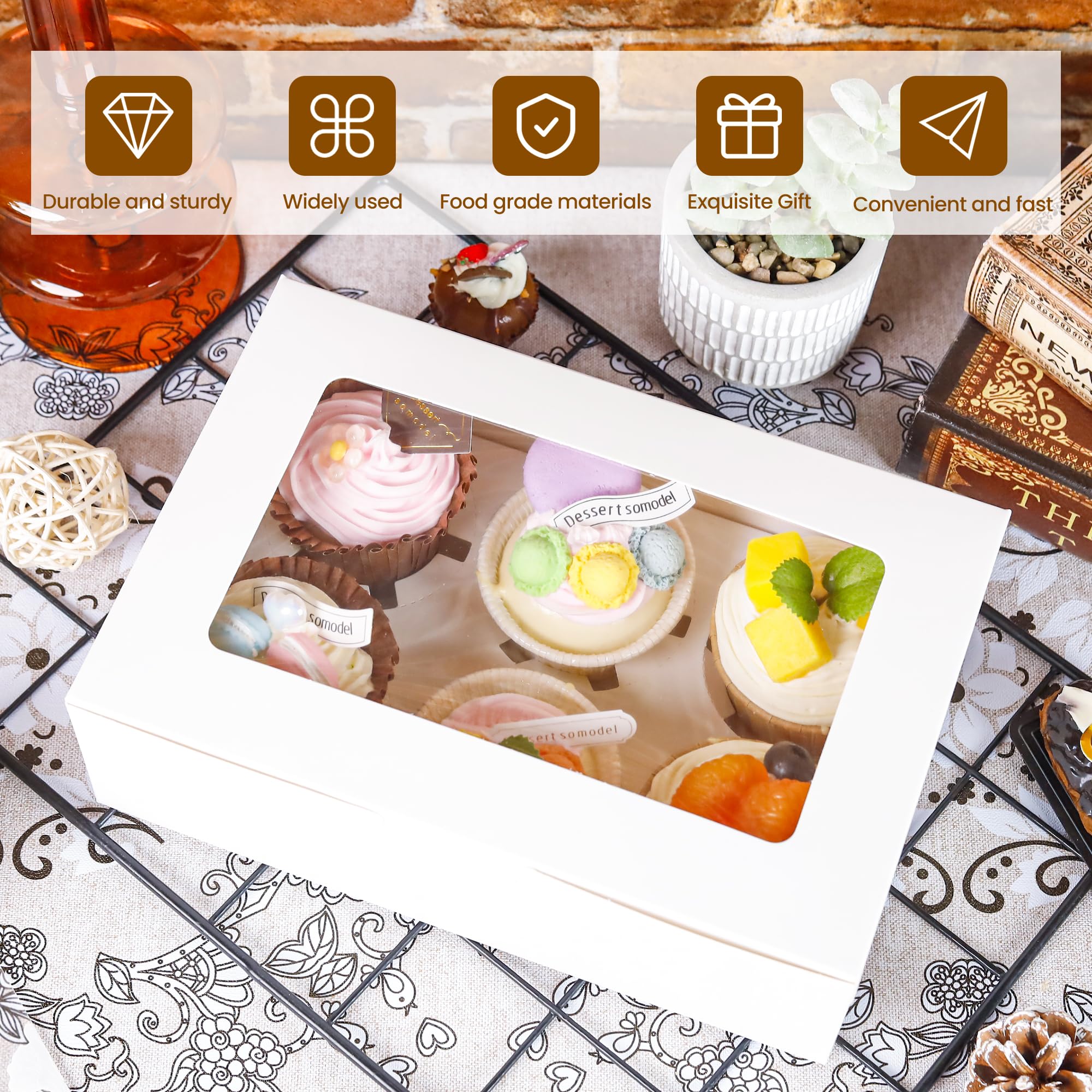 15 Pack Cupcake Boxes with Inserts 6 Holders, White Standard Bakery Boxes with Window Food Grade Cupcake Containers 6 Count for Muffins