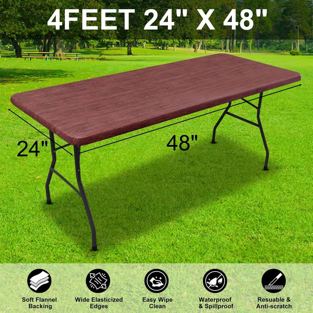 Smiry Rectangle Table Cloth Cover, Waterproof Elastic Fitted Picnic Tablecloth for 6 Foot Tables, Wipeable Flannel Backed Vinyl Tablecloths for Camping, Dining, Outdoor (Beige Wood, 30" x 72")