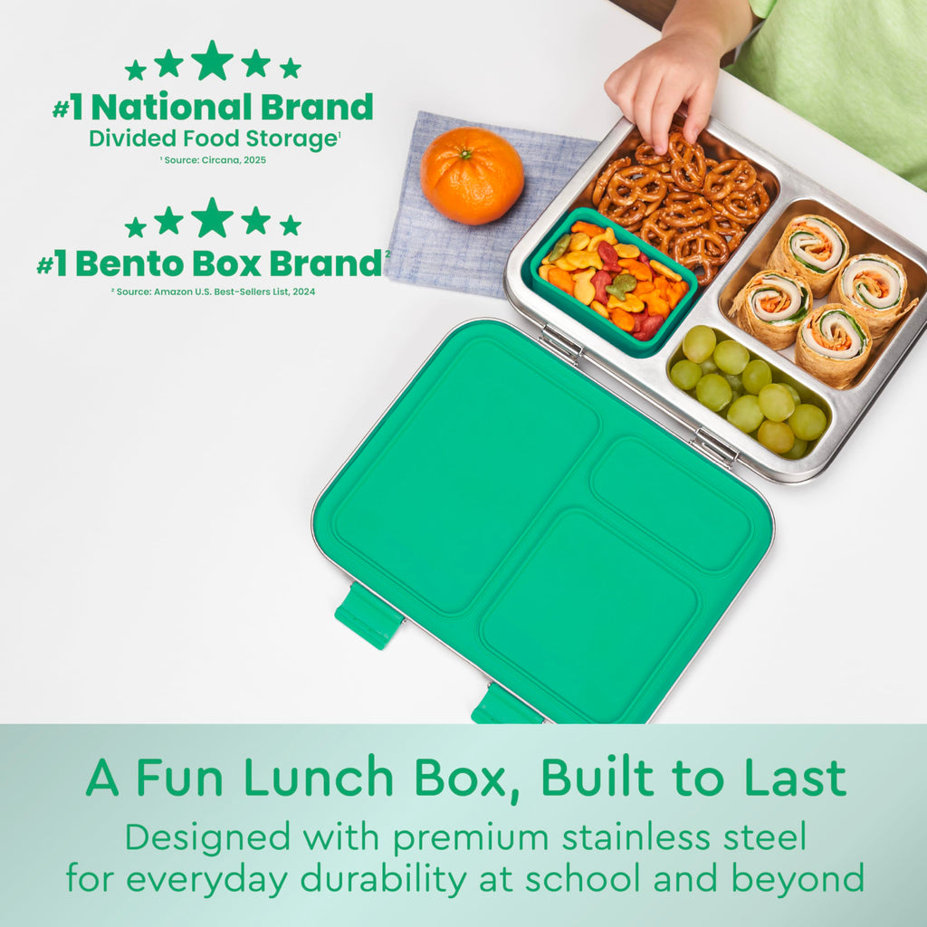 Bentgo Kids Stainless Steel Leak-Resistant Lunch Box - 3-Compartments with Bonus Silicone Container, Durable, Eco-Friendly, Dishwasher Safe, BPA-Free, Ideal for School, Ages 3+ (Blue)