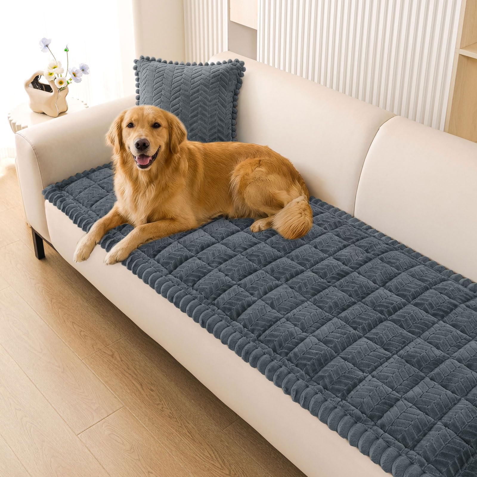 Smiry Non Slip Couch Covers for Dogs, Fuzzy Pet Couch Covers for 2-3 Cushion Sofa Pet Friendly, Soft Sofa Slipcovers Cushion Furniture Protector Washable (Beige, 27.6" x 59")