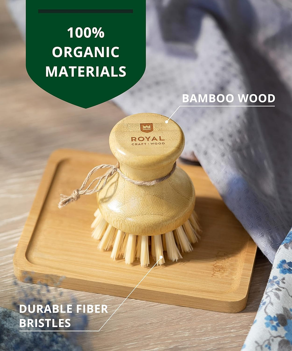 ROYAL CRAFT WOOD Bamboo Dish Scrub Brush w/Handle - Wooden Washing Dish Brush Scrubber for Kitchen - Filrm Bristles Brush with Handle for Sink, Dishes & Vegetables