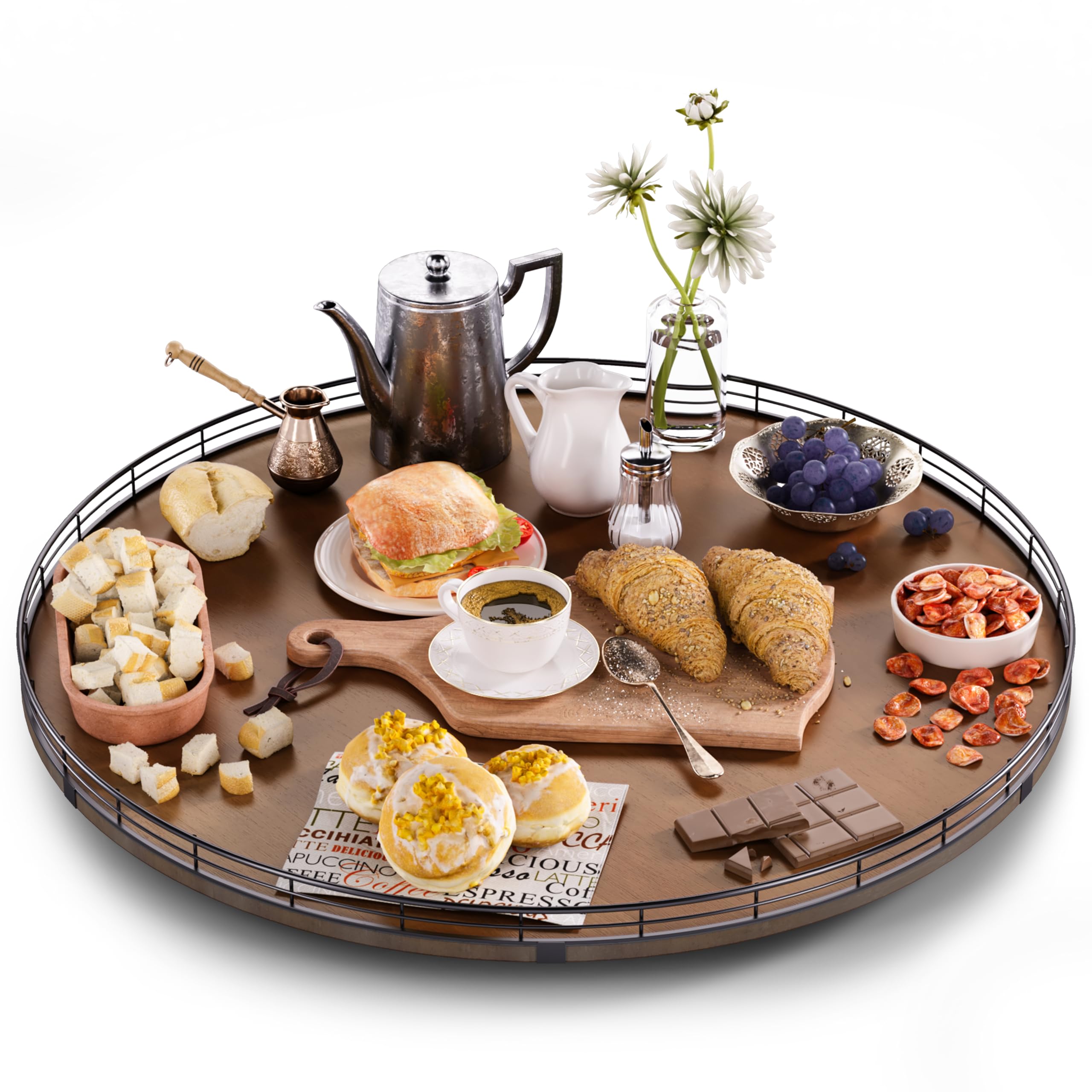 Farmhouse Oak 9" Lazy Susan Turntable Organizer for Cabinet, Round Wooden Lazy Susan Organization and Storage for Dining Table, Pantry, Kitchen, Countertop, Cupboard,Home Decor, Walnut Wood