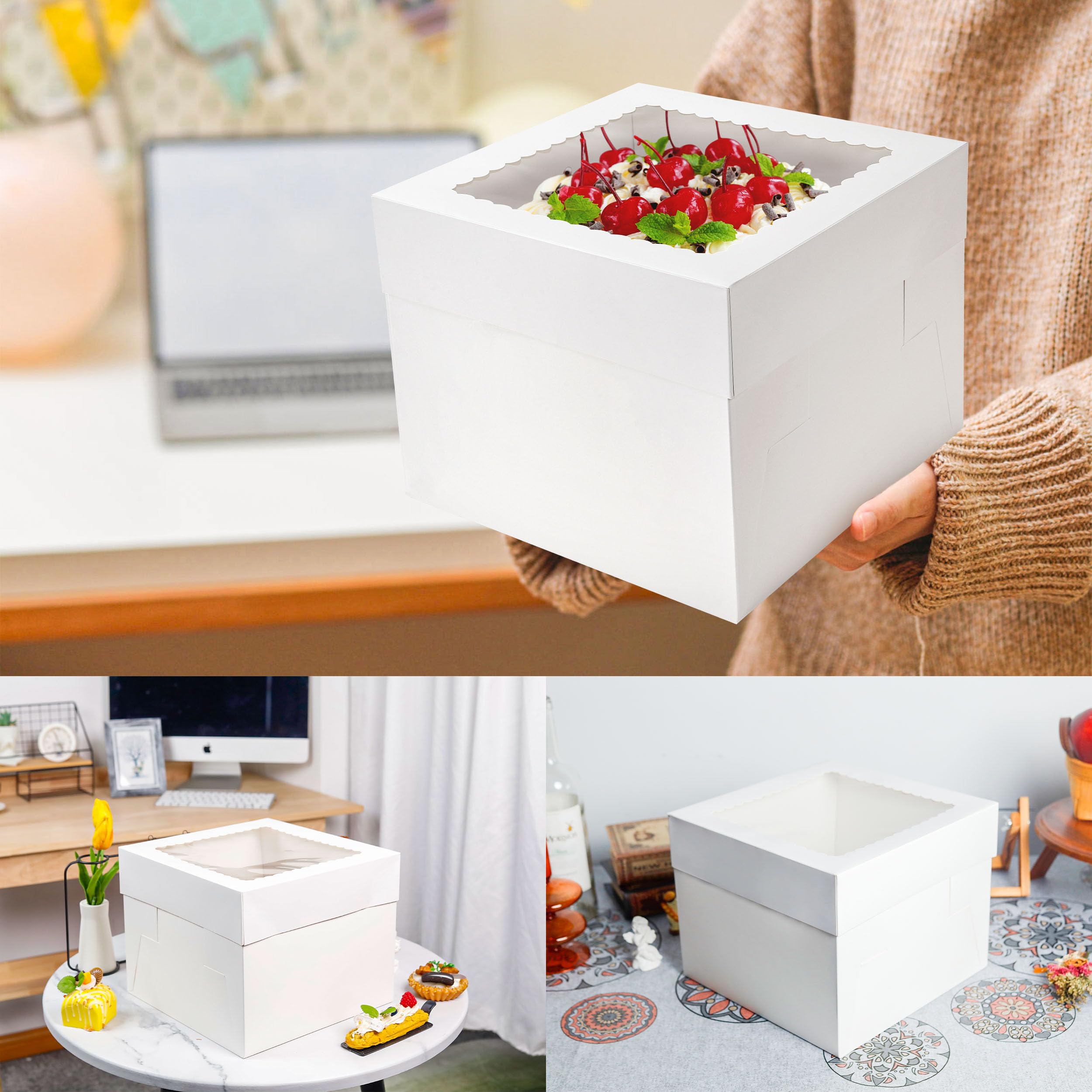 Cake Boxes 10×10×8 inch White Tall Cake Boxes with Window Cajas Para Pasteles for Cakes, Pies, Pastries, Birthday, Party (2 Pack)