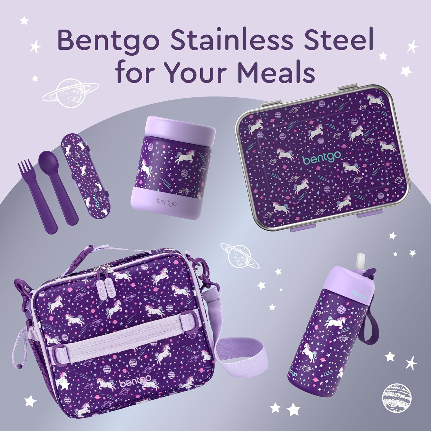 Bentgo 2-in-1 Backpack & Insulated Lunch Bag Set With Stainless Steel Water Bottle (Unicorn)