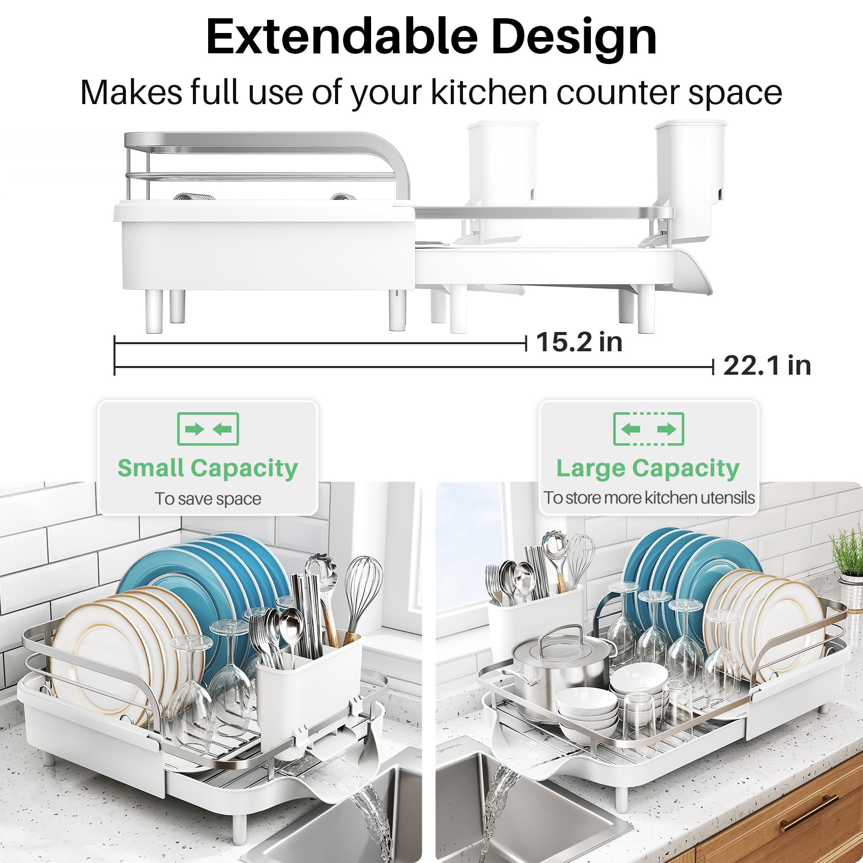 SNTD Dish Drying Rack, Expandable Dish Rack for Kitchen Counter, Stainless Steel Dish Drainer with Drainboard Set and Utensil Holder (Black)