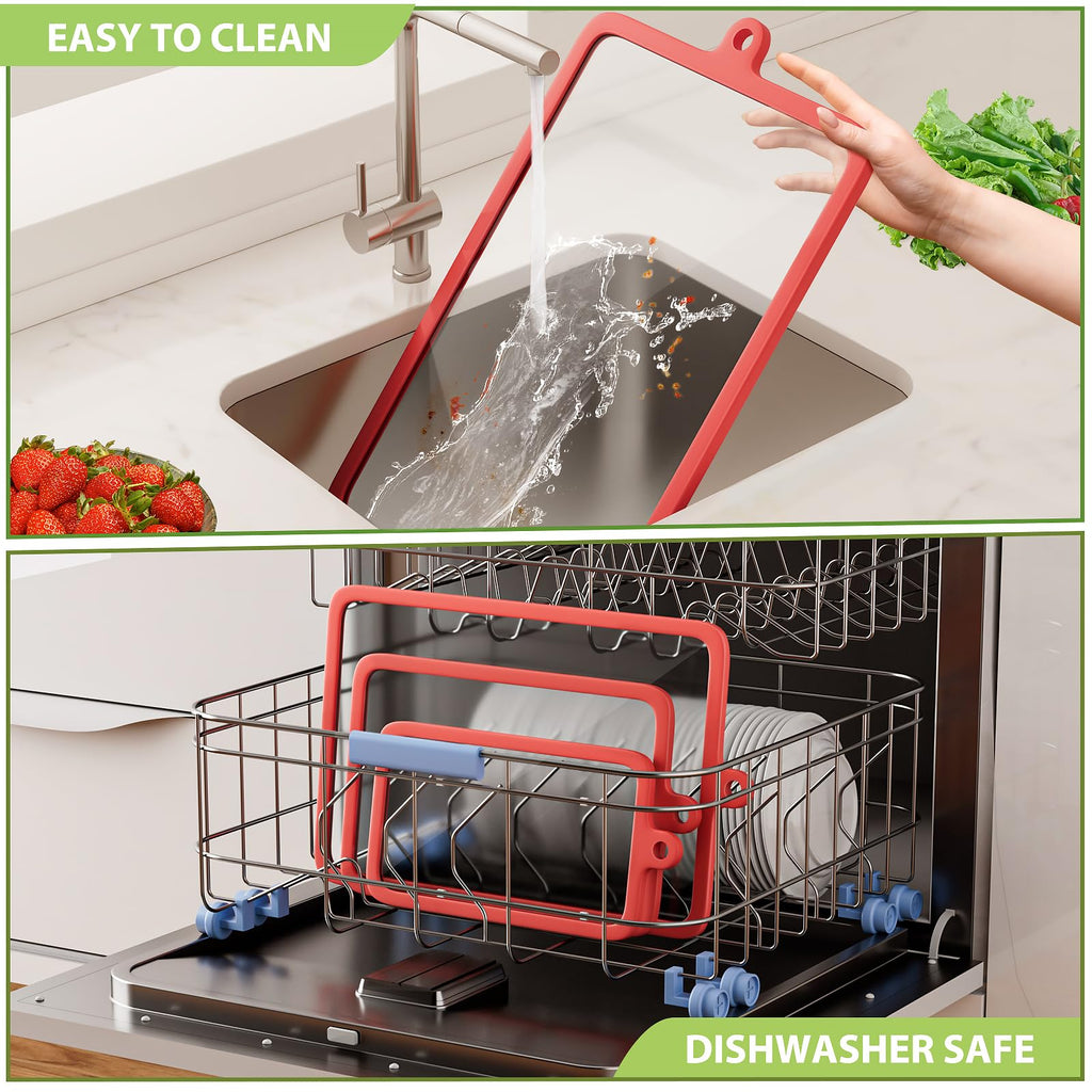 Freshmage 2Pcs Tempered Glass Cutting Boards for Kitchen, Glass Cutting Board Set (15"x10" & 12"x8") with Non-Slip Silicone Edges and Hanging Hole, Clear Cutting Board for Countertop & Chopping