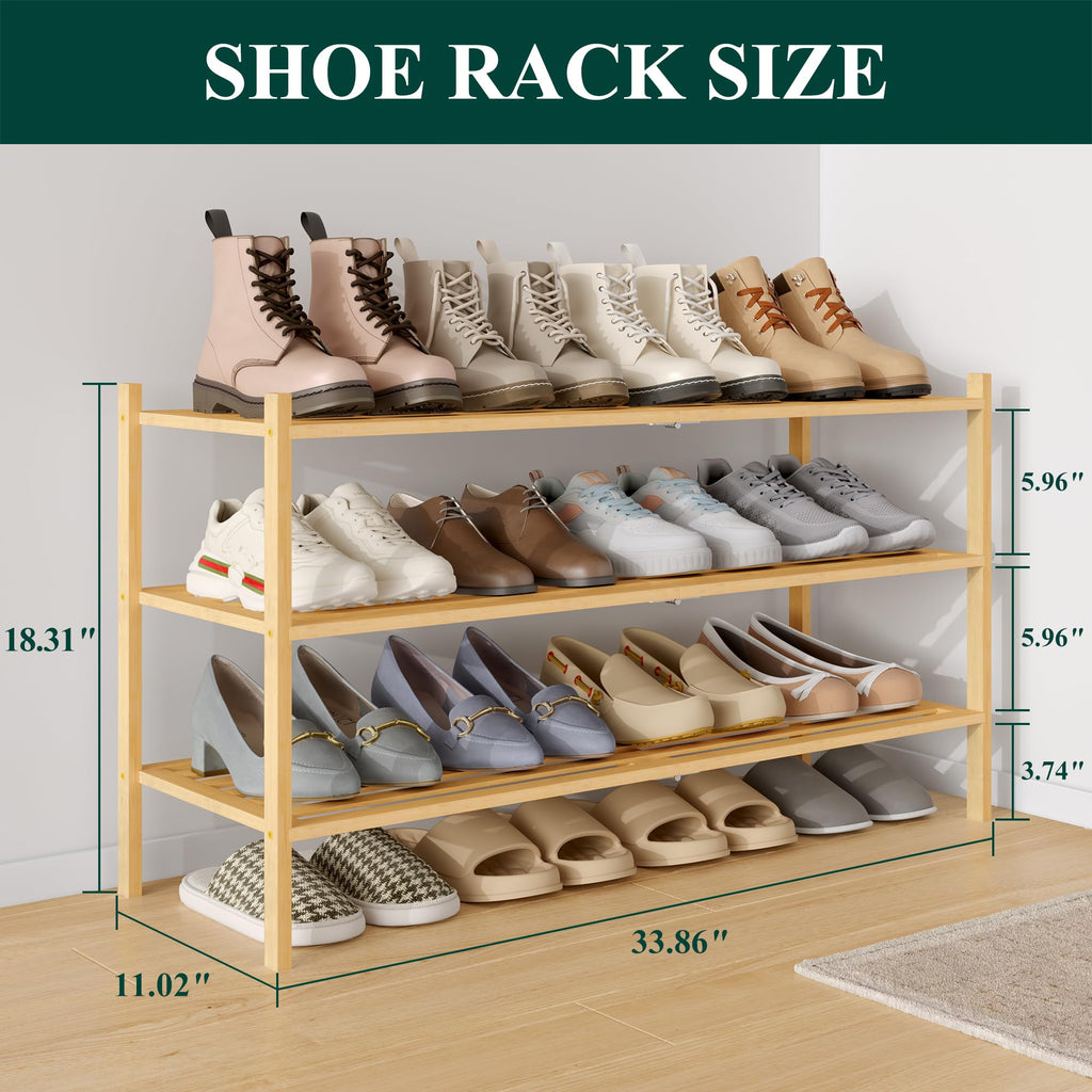 Smiry Bamboo Shoe Rack 3-Tier, Stackable Wooden Shoe Organizer for Entryway & Closet, Free Standing Wood Shoe Storage Shelf for Front Door & Small Spaces, Natural