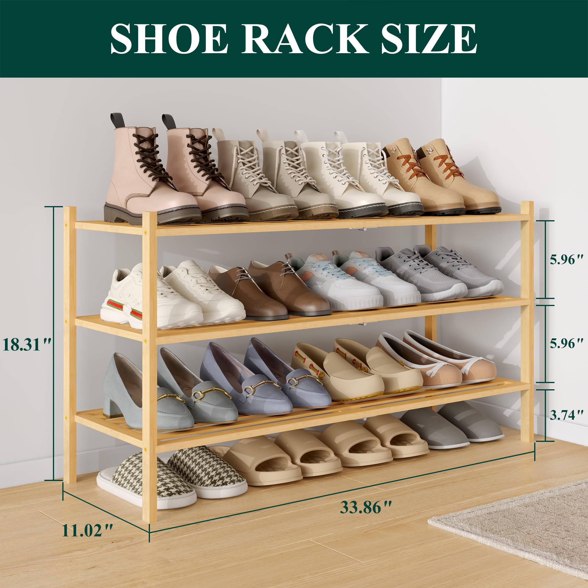 Smiry Bamboo Shoe Rack 3-Tier, Stackable Wooden Shoe Organizer for Entryway & Closet, Free Standing Wood Shoe Storage Shelf for Front Door & Small Spaces, Natural