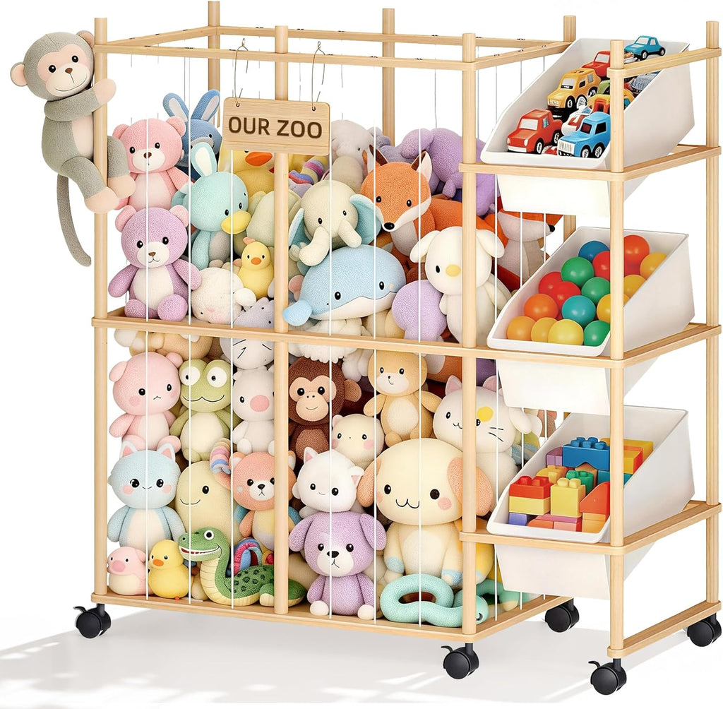 Stuffed Animal Storage with 3 Removable Bins, Wood Animals Zoo Stuffed Animal Holder with Sticker, Large Capacity Toy Storage Organizer for Toddler Rooms, Playrooms & Bedrooms Organization