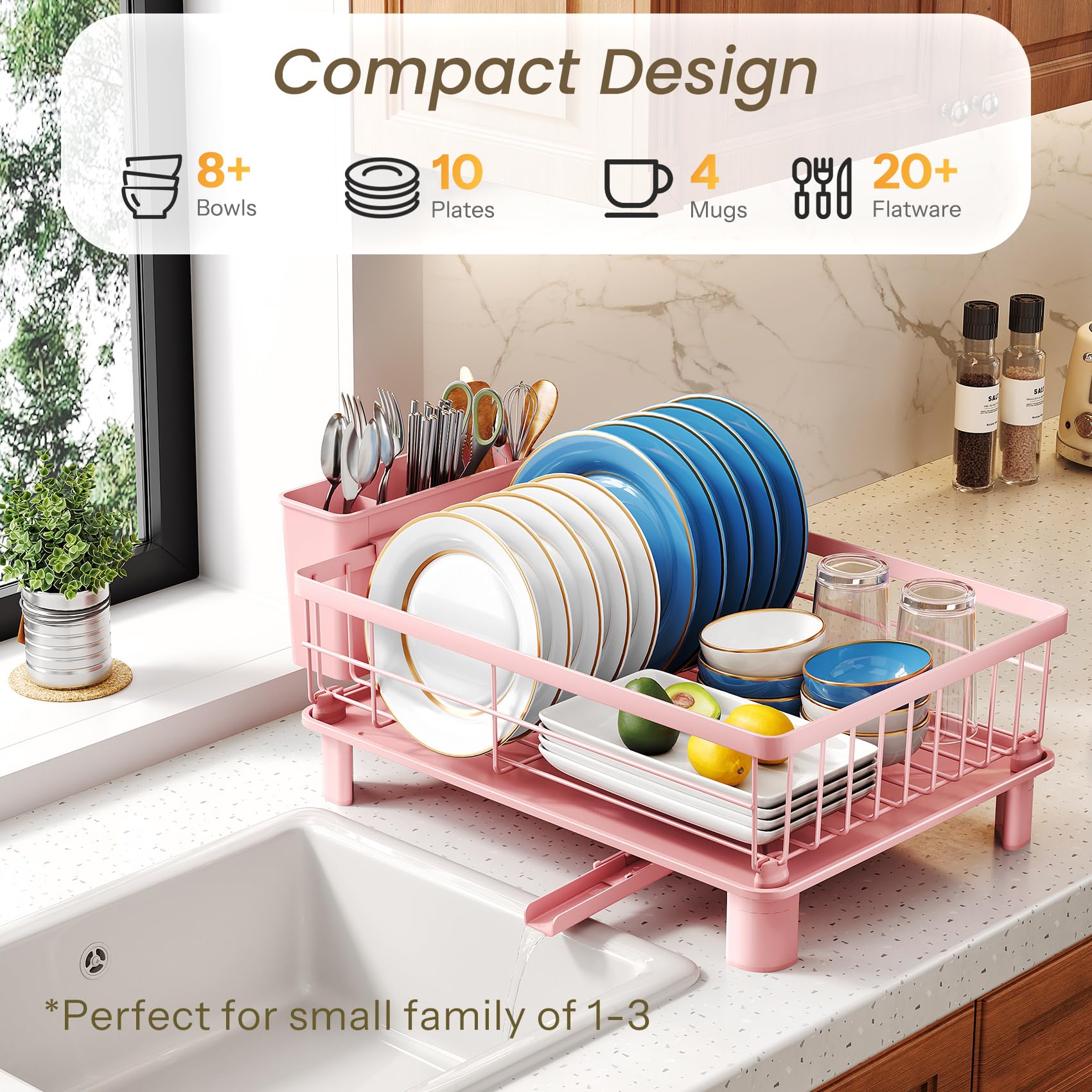 SNTD Dish Drying Rack - Small Dish Rack for Kitchen Counter, Stainless Steel Dish Drainer with Utensil Holder and Drainboard, 11" W x 15" L (Black)