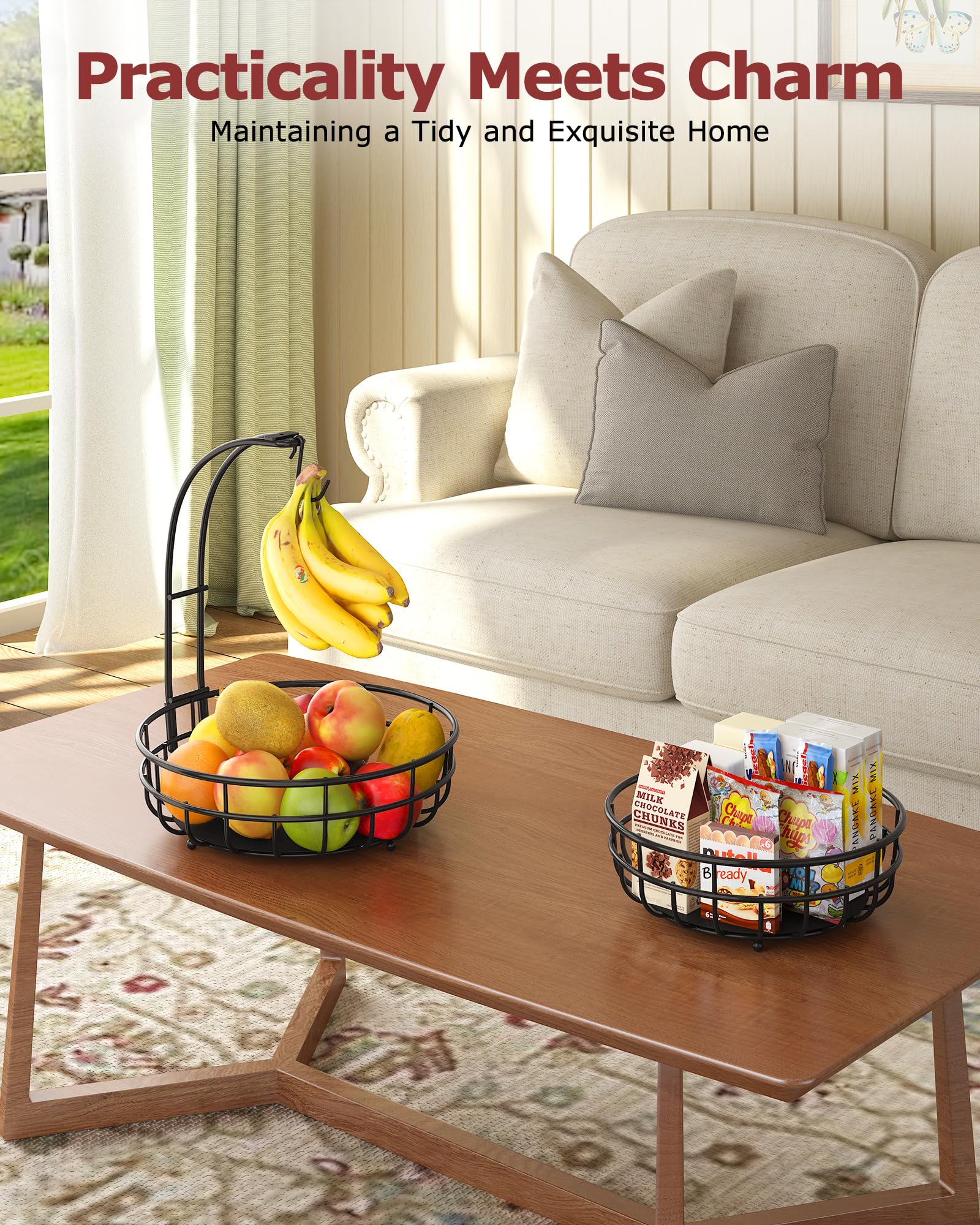 2 Tier Large Fruit Basket for Kitchen Counter with Removable Banana Hanger - Sturdy Iron Fruit Bowl for Kitchen Counter and Vegetable Holder, Fruit Holder for Kitchen Countertop, Black