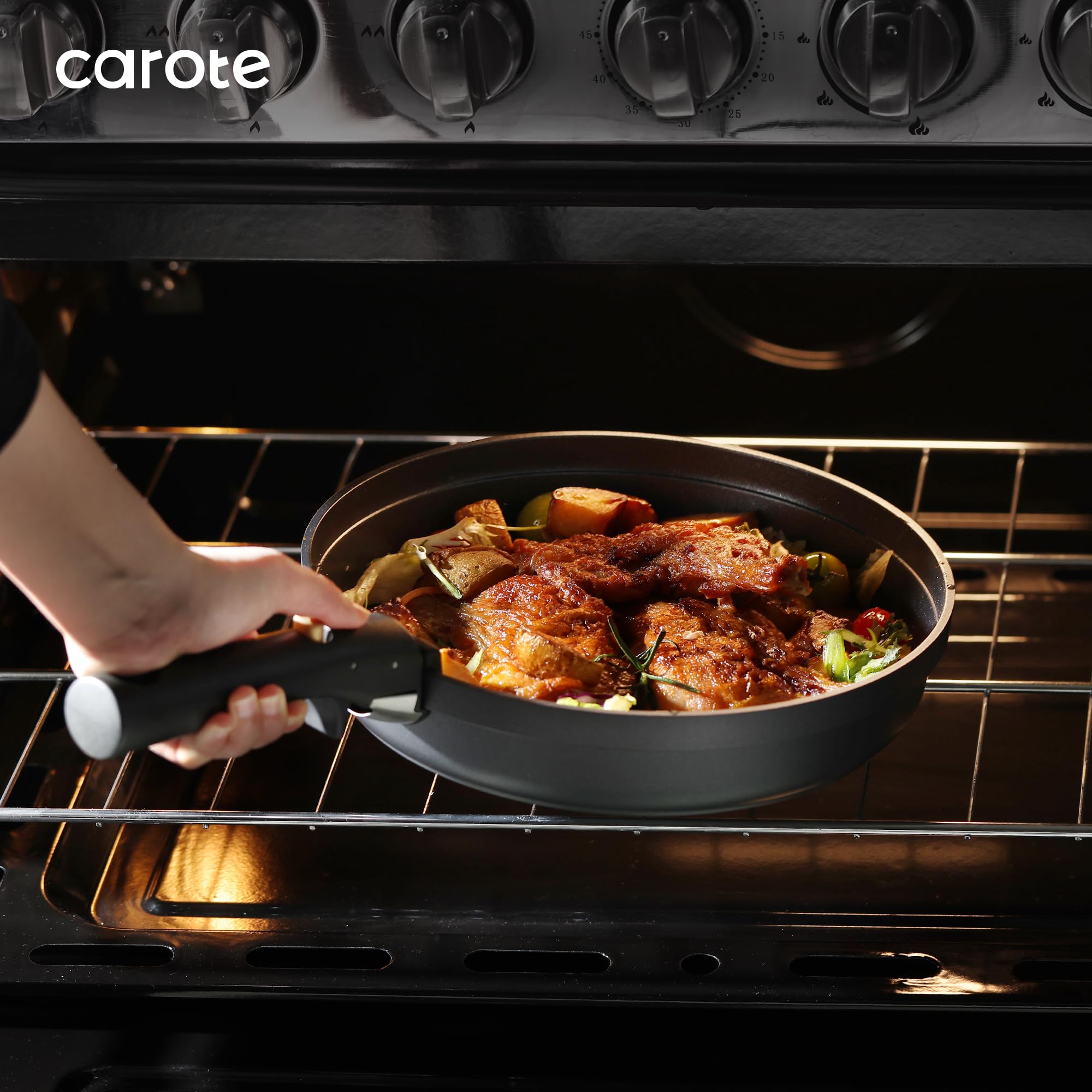 CAROTE 20pcs Pots and Pans Set Non Stick, Nonstick Cookware Set, Dishwasher/Oven/Fridge Safe Pots and Pans, Removable Handle RV Oven Safe Cookware, Induction Kitchen Set, Black