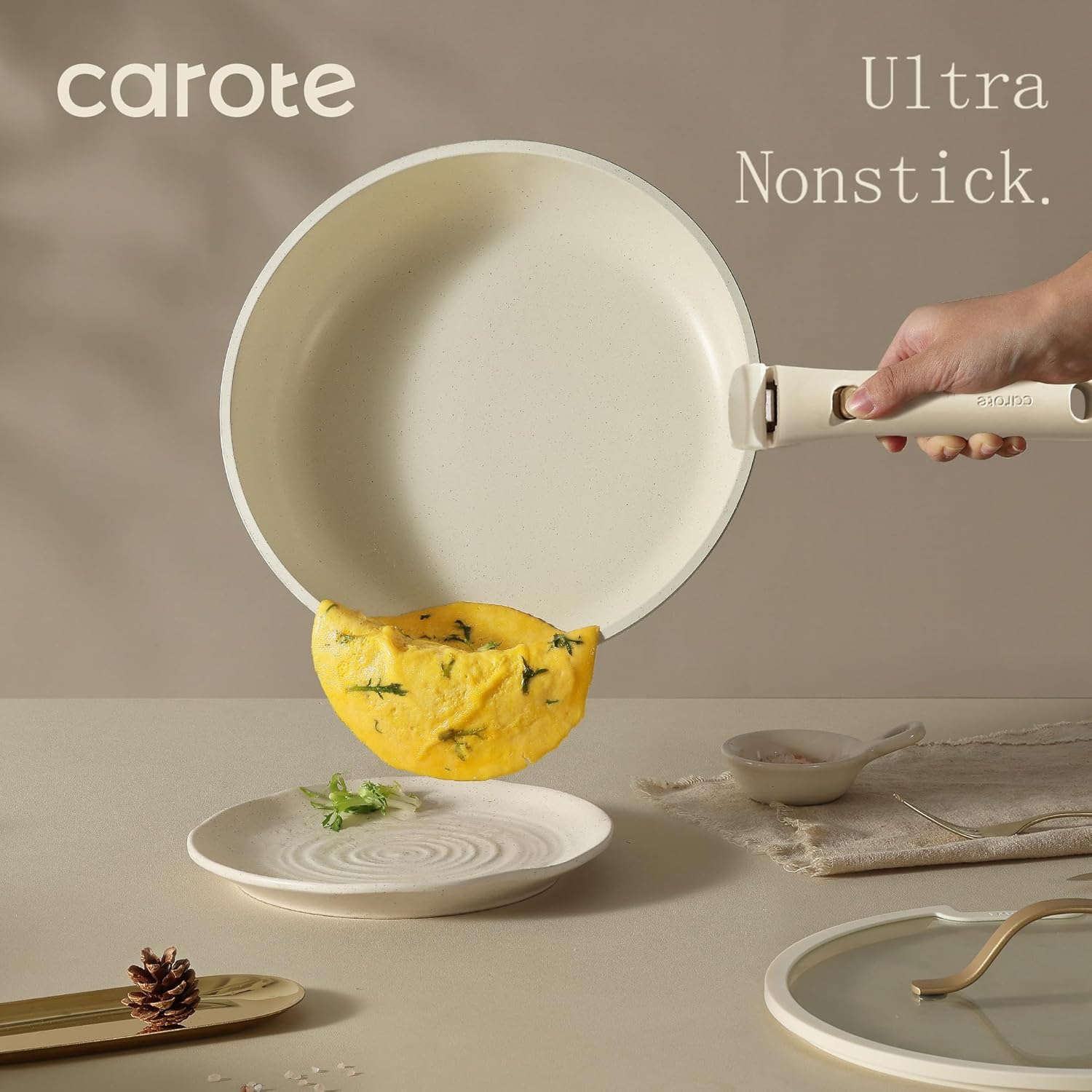 CAROTE 7pcs Pots and Pans Set Non Stick, Cookware Set with Detachable Handle, Kitchen Cookware Sets with Removable Handle, RV Cookware Set, Oven Safe, Cream White