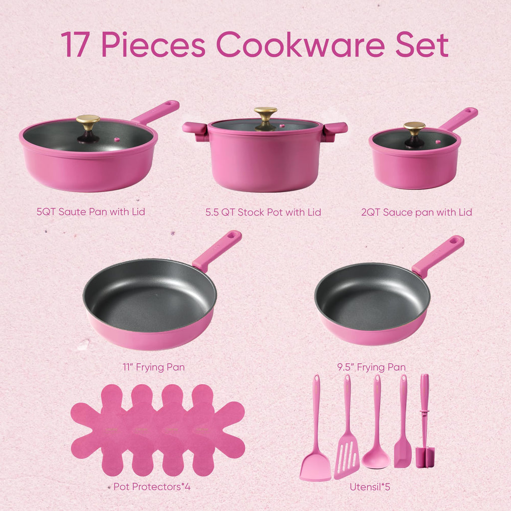 CAROTE 24pcs Ceramic Cookware Set, Pots and Pans Non Stick Kitchen Cookware Sets, Pots and Pans Set Cooking Set with Knife Set