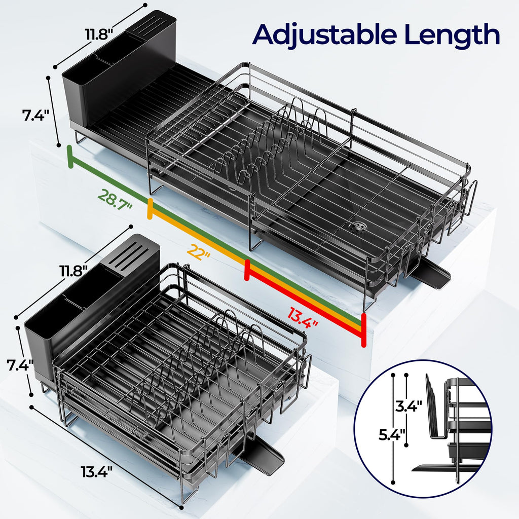 Large Dish Drying Rack, Expandable Dish Rack for Kitchen Counter, Upgraded Dish Drainer with Drainboard Set, Multifunctional Dishrack with Utensil Holder & Cup Holder, 13.4"-28.7" L x 11.8" W
