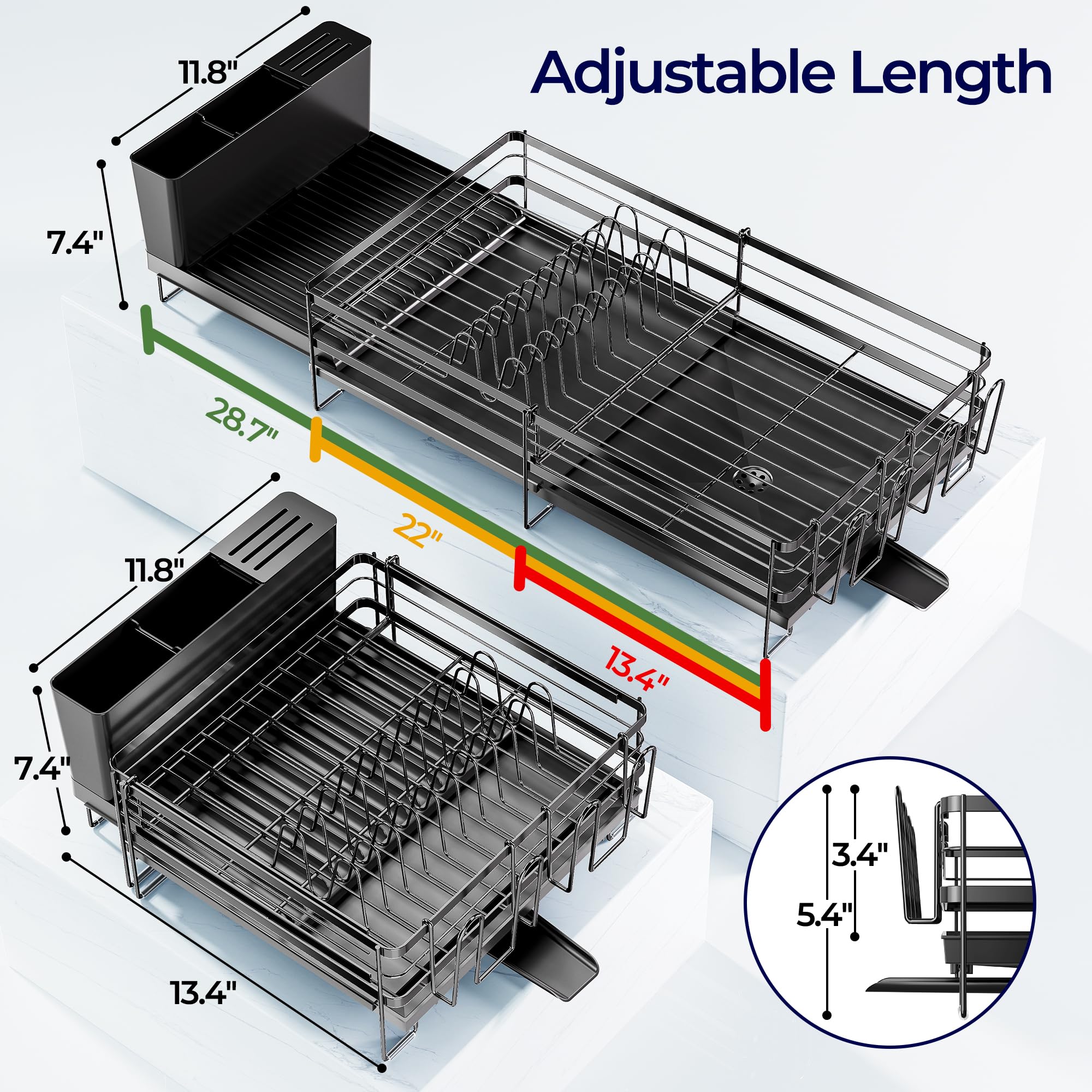Large Dish Drying Rack, Expandable Dish Rack for Kitchen Counter, Upgraded Dish Drainer with Drainboard Set, Multifunctional Dishrack with Utensil Holder & Cup Holder, 13.4"-28.7" L x 11.8" W