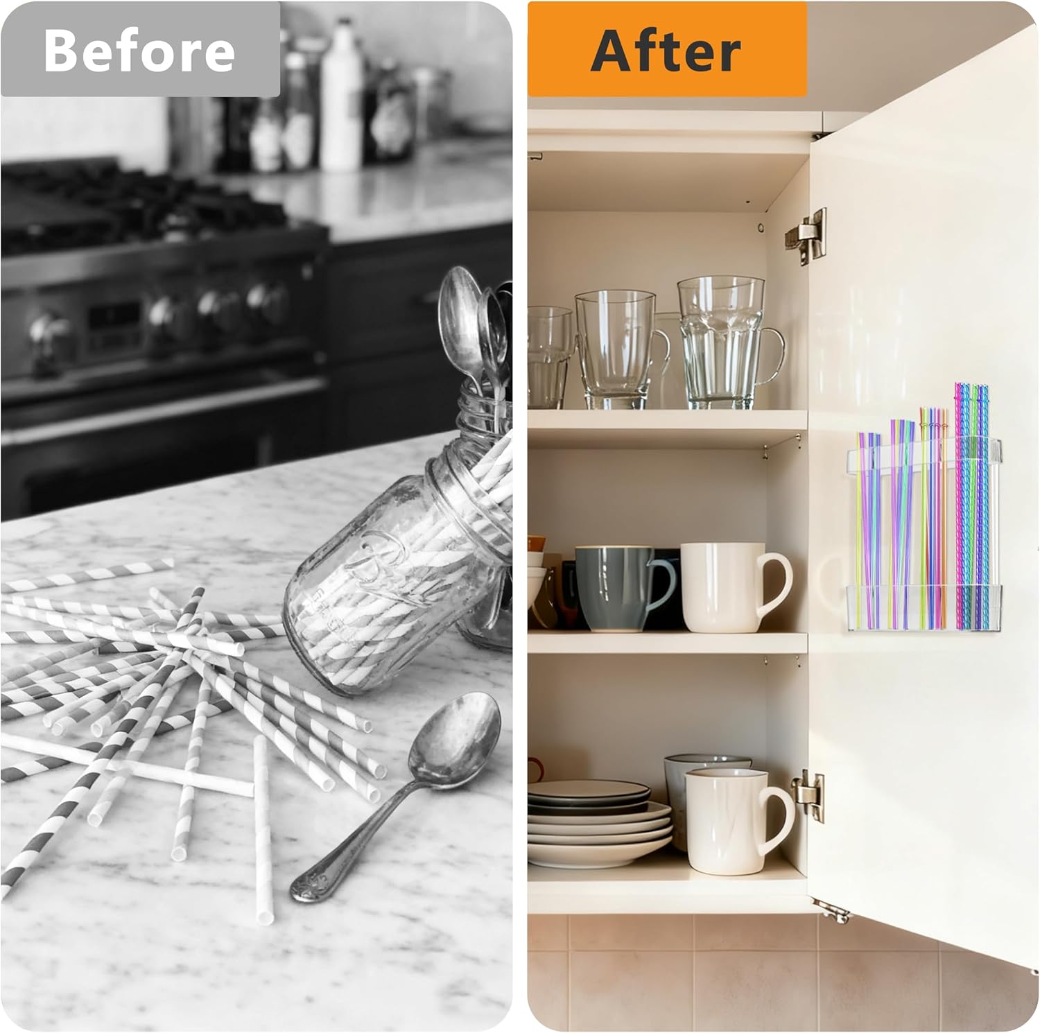 Homecor Water Bottle Organizer for Stanley 40 oz Tumbler + 2 Pack Acrylic Straw Holder for Cabinet Door