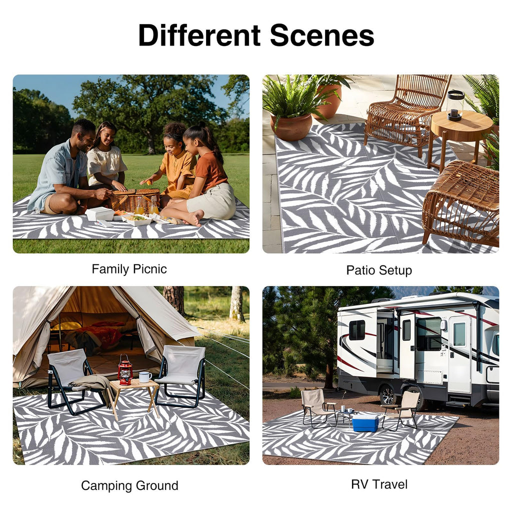OLANLY Waterproof Outdoor Rug 5x8 ft, Reversible Outdoor Plastic Straw Rug with Leaf Pattern, RV Mat, Indoor Outdoor Carpet for Patio, Camping, Balcony, Deck, Backyard, Grey & White
