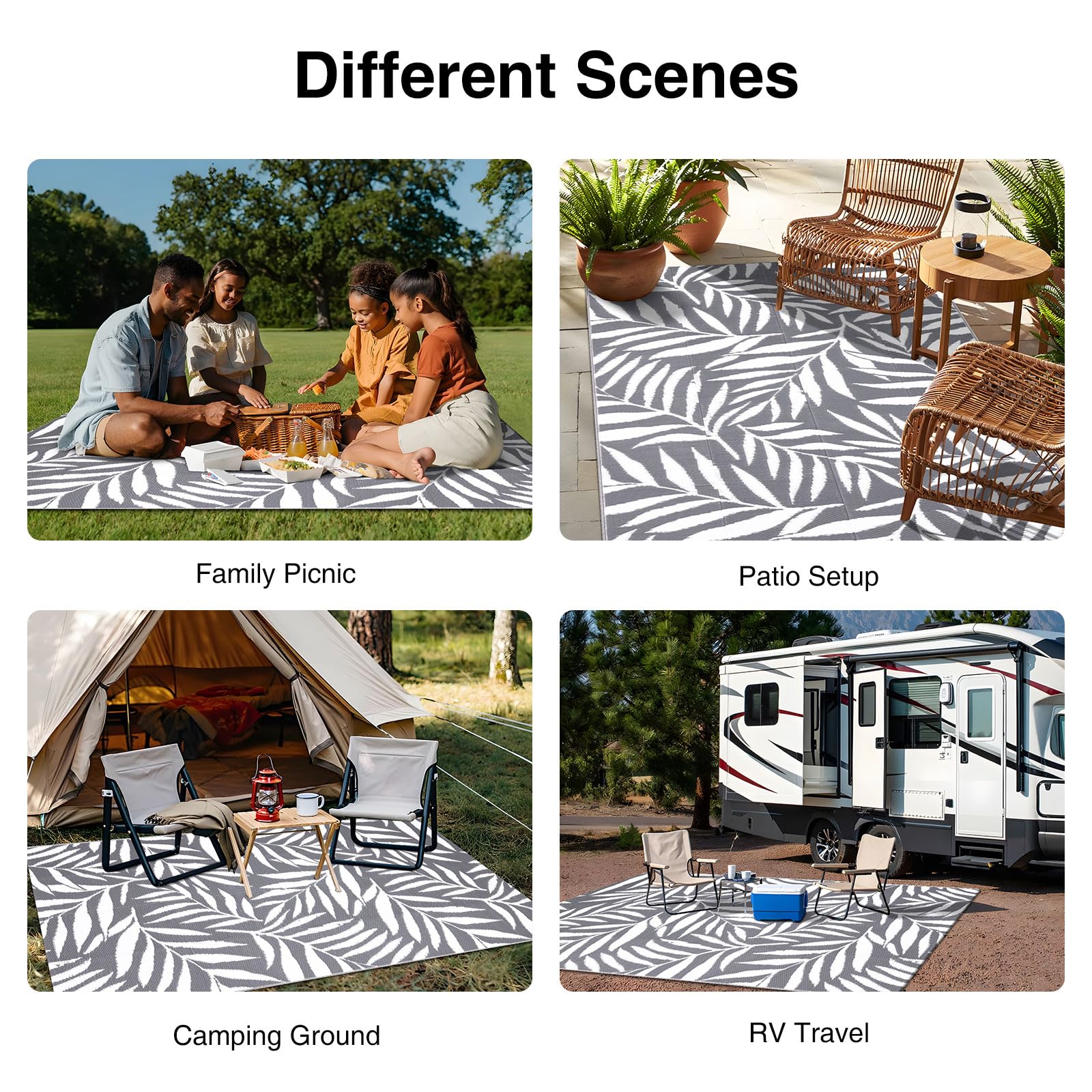 OLANLY Waterproof Outdoor Rug 5x8 ft, Reversible Outdoor Plastic Straw Rug with Leaf Pattern, RV Mat, Indoor Outdoor Carpet for Patio, Camping, Balcony, Deck, Backyard, Grey & White