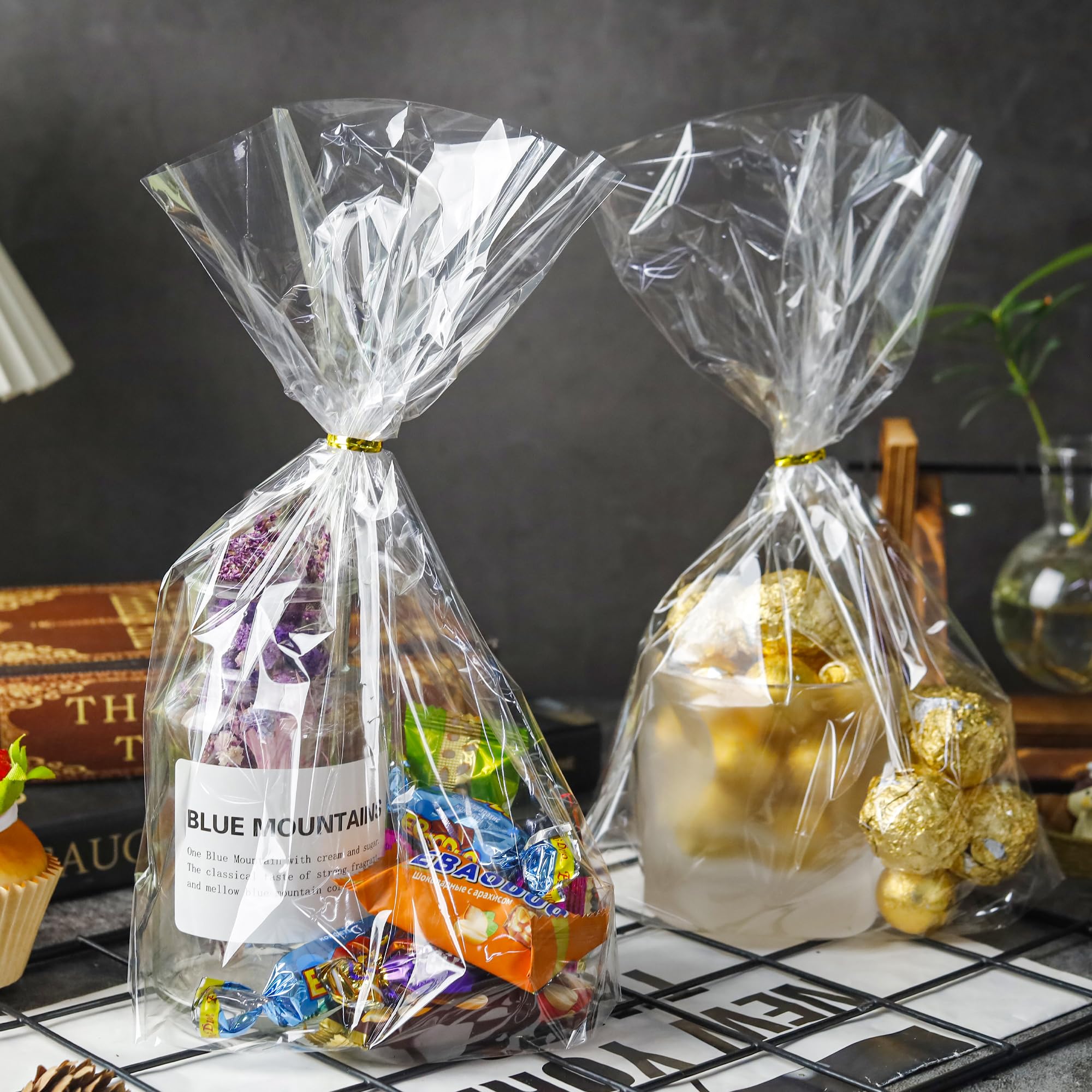 NPLUX 100 Pack Cellophane Bags Clear Flat Bottom Cellophane Treat Bags Gusseted with 100 Pack Twist Ties for Candy Popcorn Cookie Small Gift Wrapping(6×9×2.4 Inches)