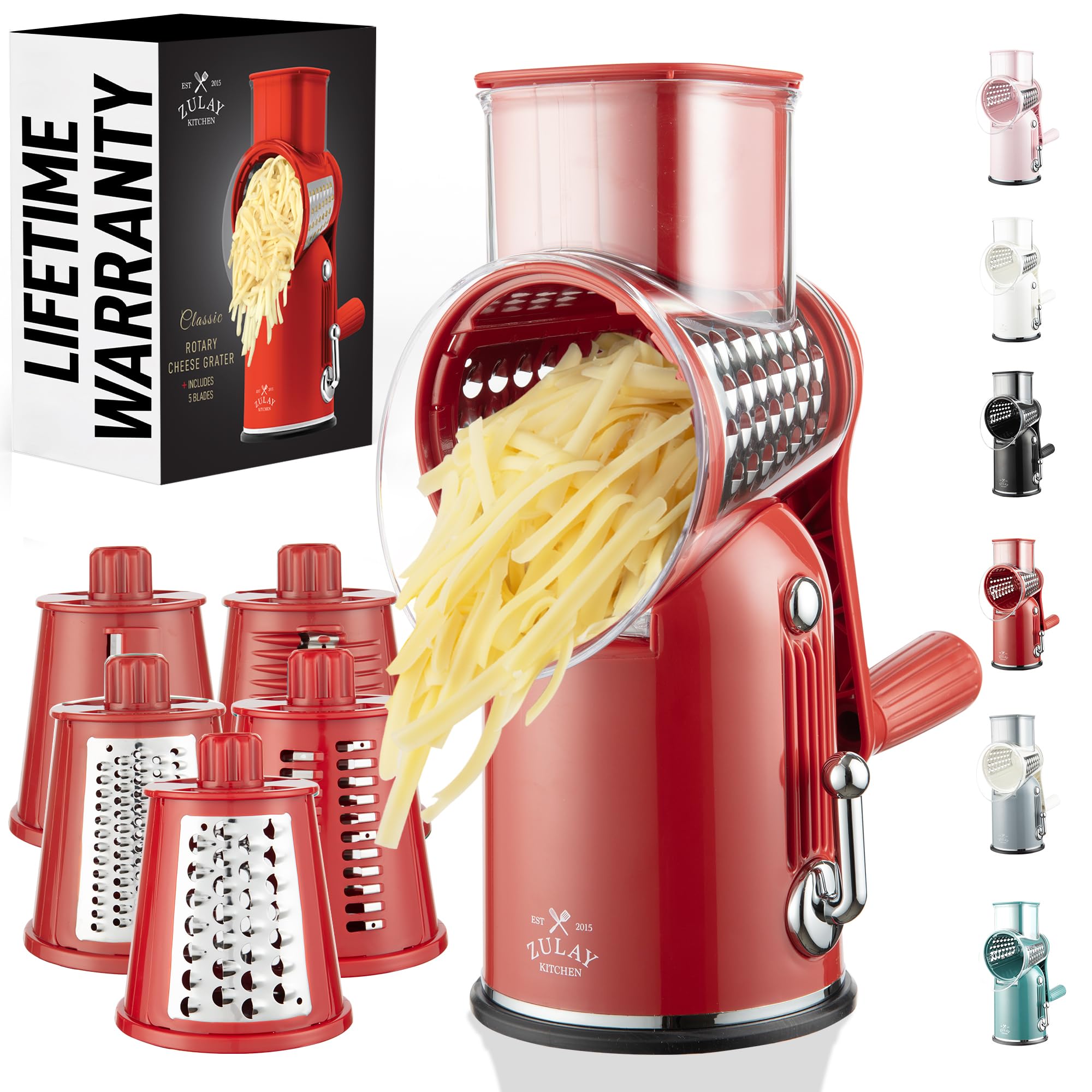 Zulay Kitchen Rotary Cheese Grater 5 Blade Cheese Shredder - Manual Hand Crank Cheese Grater With Reinforced Suction & 5 Interchangeable Drums - Easy to Use, Vegetable Chopper Round Mandoline Slicer