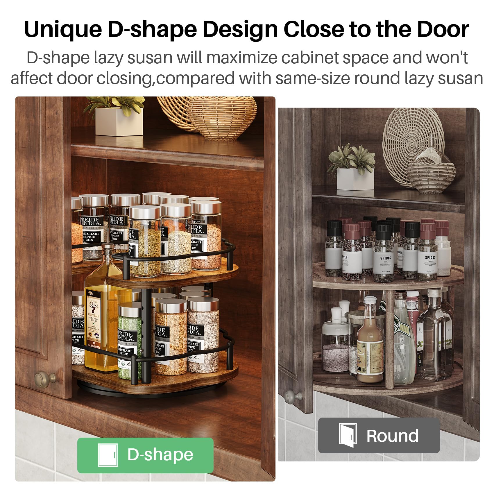 Lazy Susan Organizer Spice Rack - Spice Organization for Cabinet Height Adjustable Rotating Lazy Turntable, Pantry Kitchen Wood Revolving Seasoning Organizer (12 Inch)