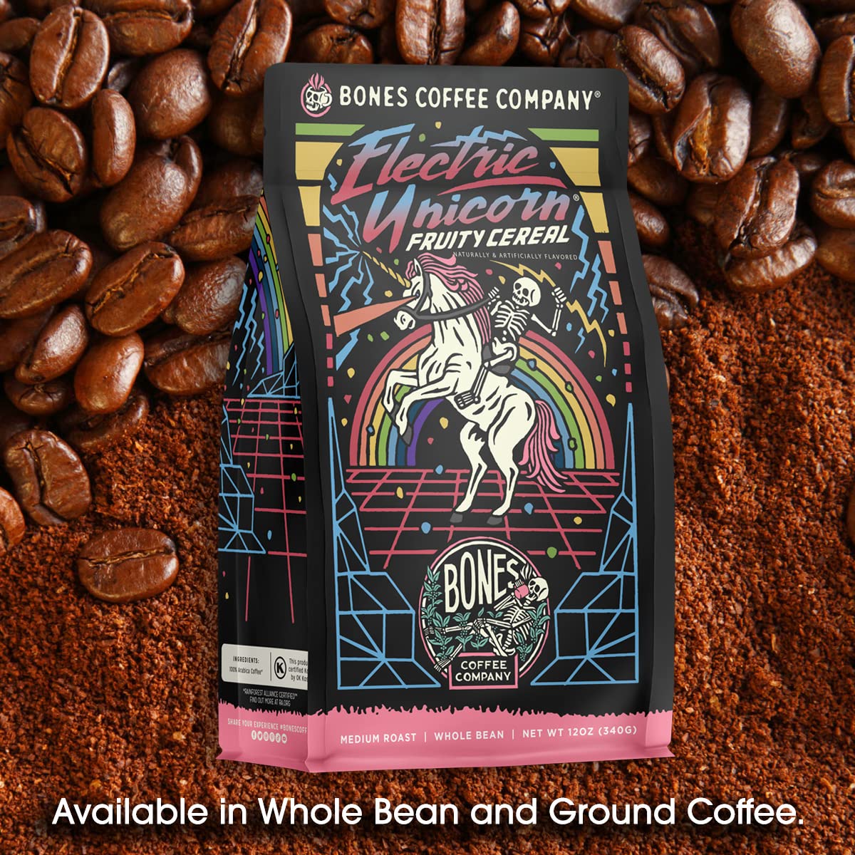 Bones Coffee Company Highland Grog, Butterscotch Caramel Flavored Coffee, Medium Roast Low Acid Arabica Beans Compatible with Auto drip and French Press Coffee Maker, 12 Oz Ground
