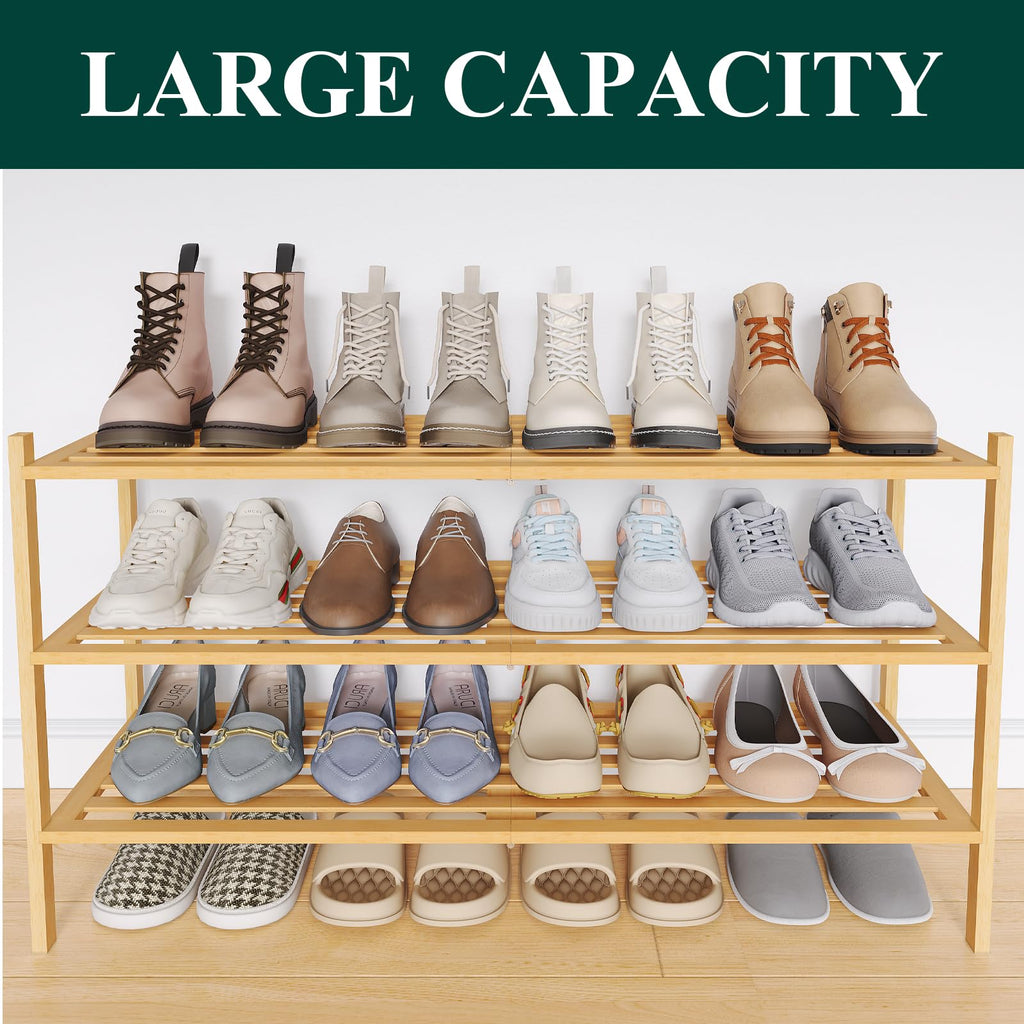 Smiry Bamboo Shoe Rack 3-Tier, Stackable Wooden Shoe Organizer for Entryway & Closet, Free Standing Wood Shoe Storage Shelf for Front Door & Small Spaces, Natural