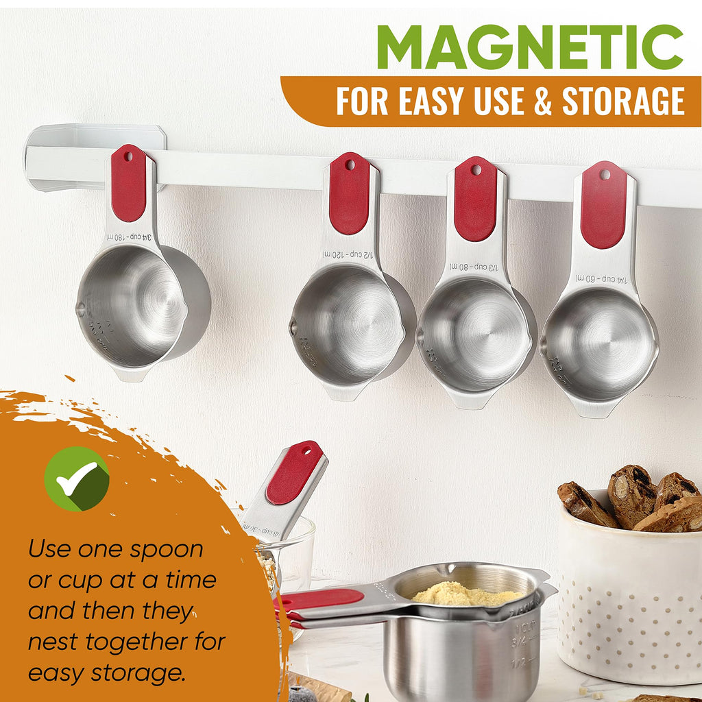 Spring Chef Magnetic Measuring Cups & Spoons Set, Patented, Strong N45 Magnets, Heavy Duty Stainless Steel Fits in Spice Jars for Baking & Cooking, BPA Free, Round Set of 15 with Leveler, Black