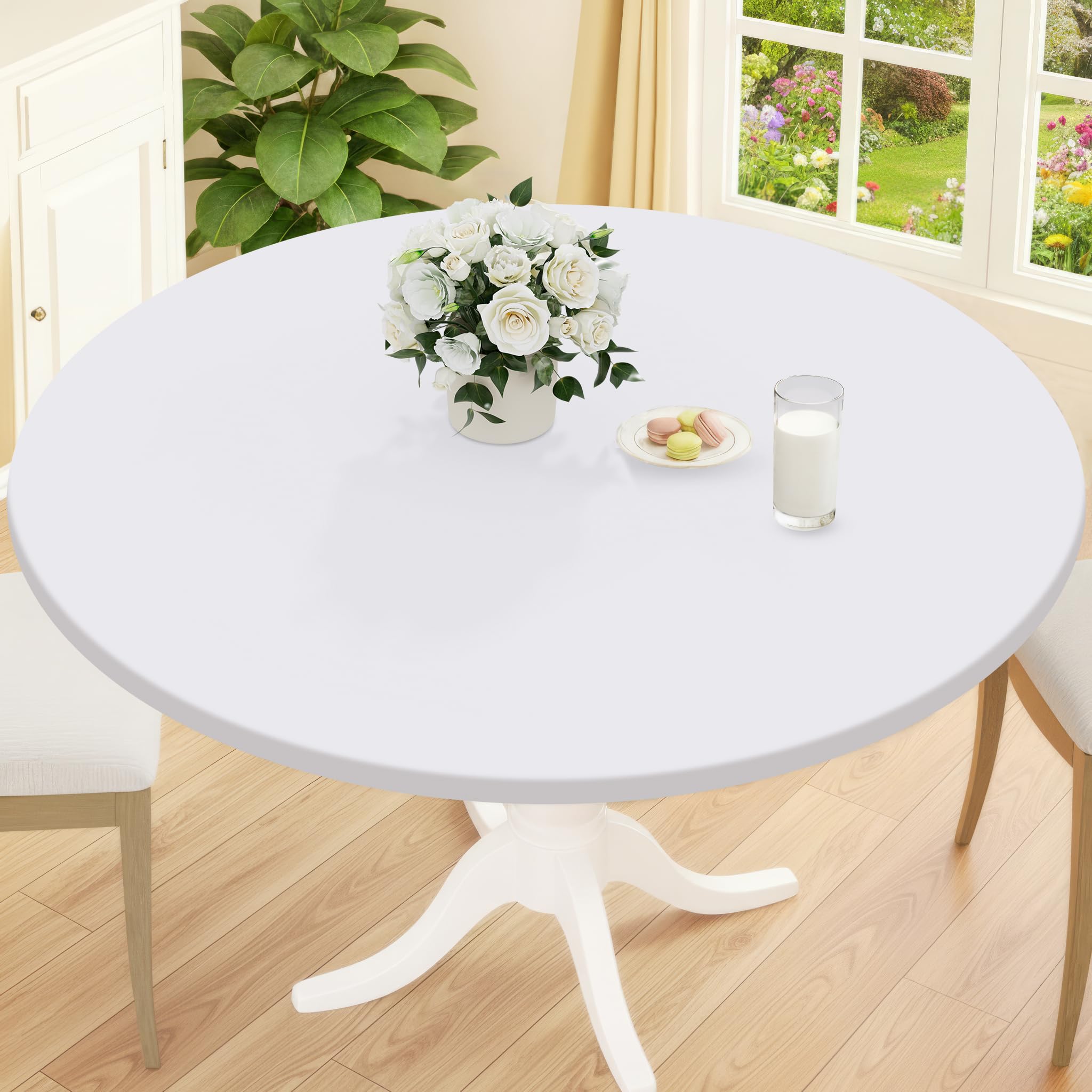 Smiry Round Picnic Tablecloth, Waterproof Elastic Fitted Table Covers for 45" - 56" Tables, Wipeable Flannel Backed Vinyl Tablecloths for Camping, Indoor, Outdoor, Grey & White