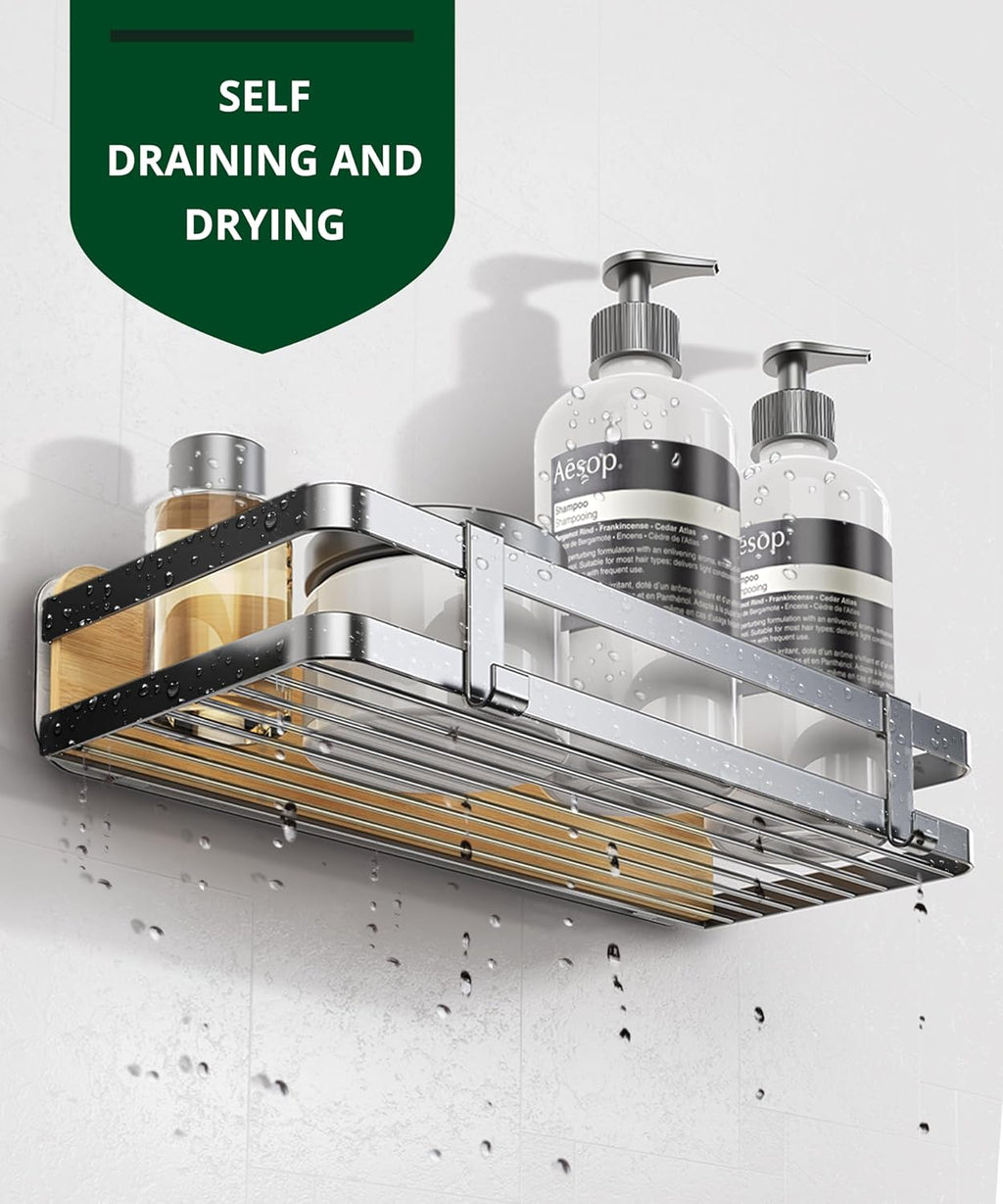 ROYAL CRAFT WOOD Bamboo and Stainless Steel Shower Caddy: Rustproof, Adhesive, No-Drill Installation 1-Pack
