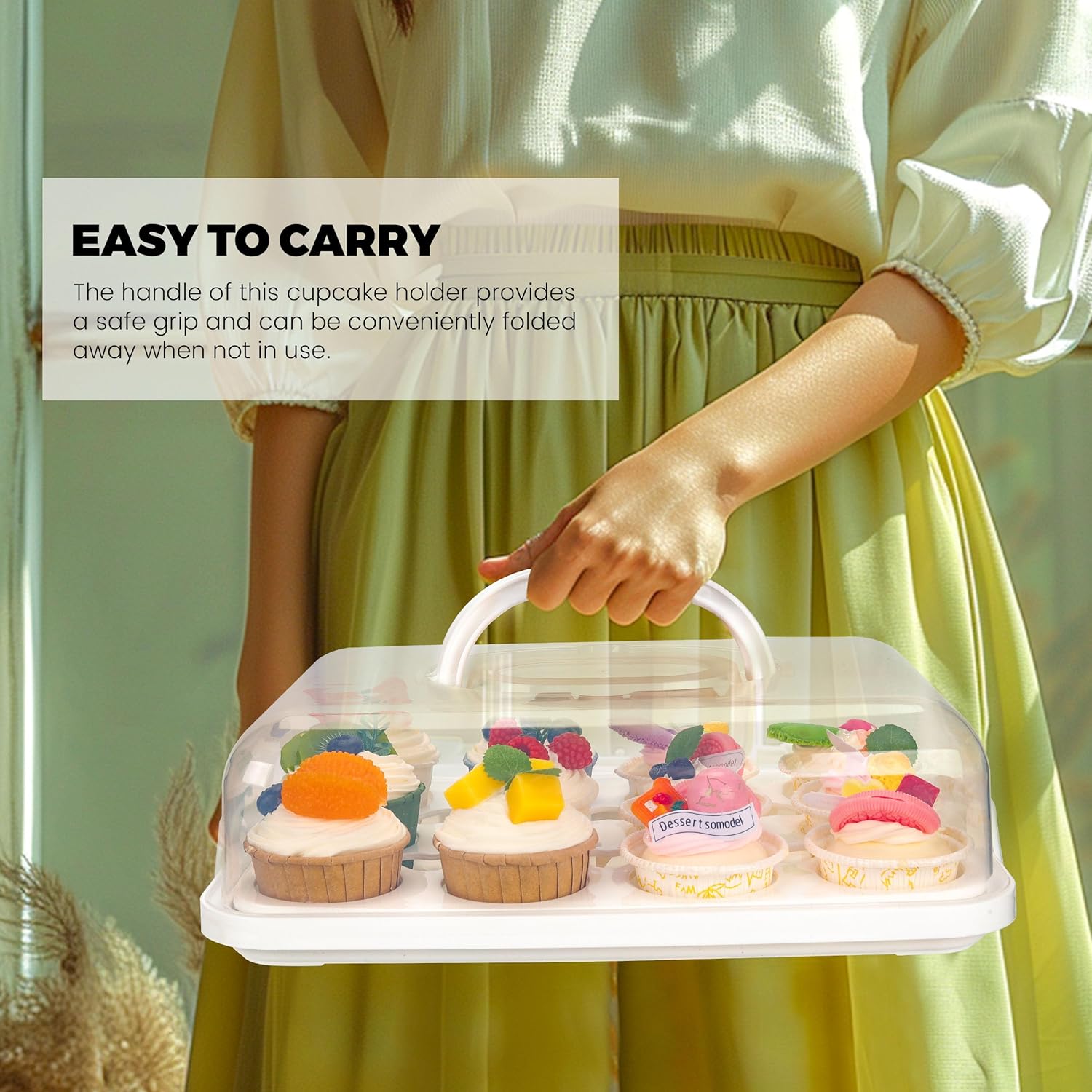 Cupcake Containers with Lid Rectangular Cake Carrier 3-in-1 Multipurpose Cupcake Holder for Muffins Pies Sweets Pastries Fruit or Snacks (White, 13" x 9" x 4")