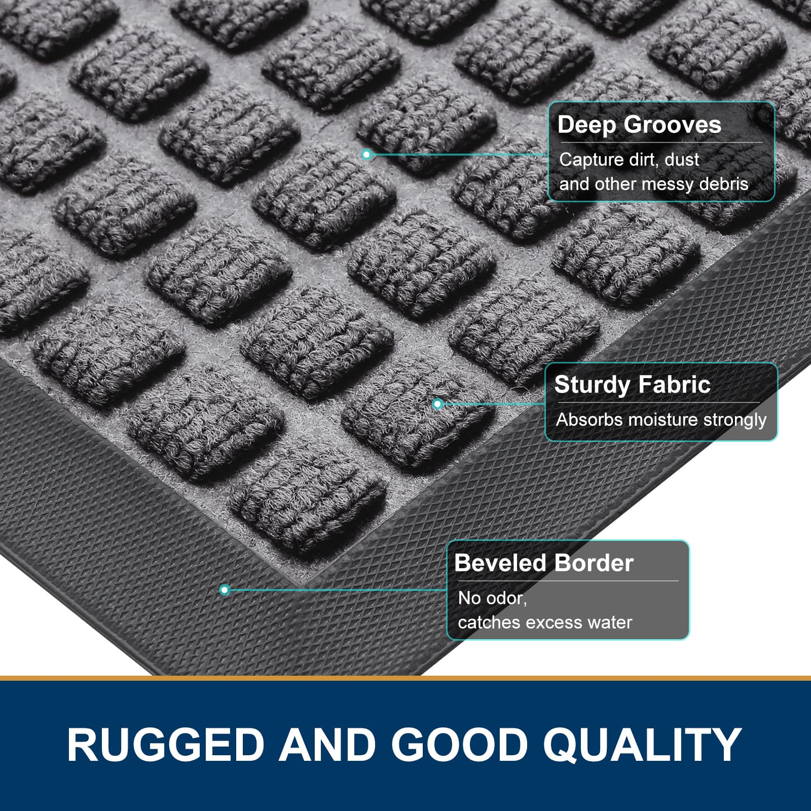 Smiry Front Door Mat Outside Entrance, Heavy Duty Natural Rubber Doormat, Non Slip, Trap Dirt and Moisture, Easy Clean, Low Profile Welcome Floor Mats for Indoor Outdoor Entry, 29.5x17 Inch, Black