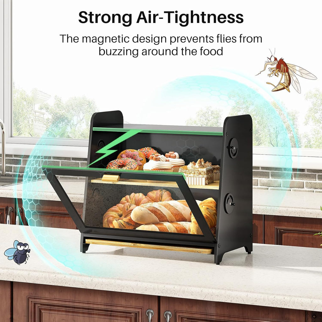 SNTD Bread Box for Kitchen Countertop, Airtight Homemade Bread Storage Container with Adjustable Vent Holes, Bamboo Cutting Board (Black, L)