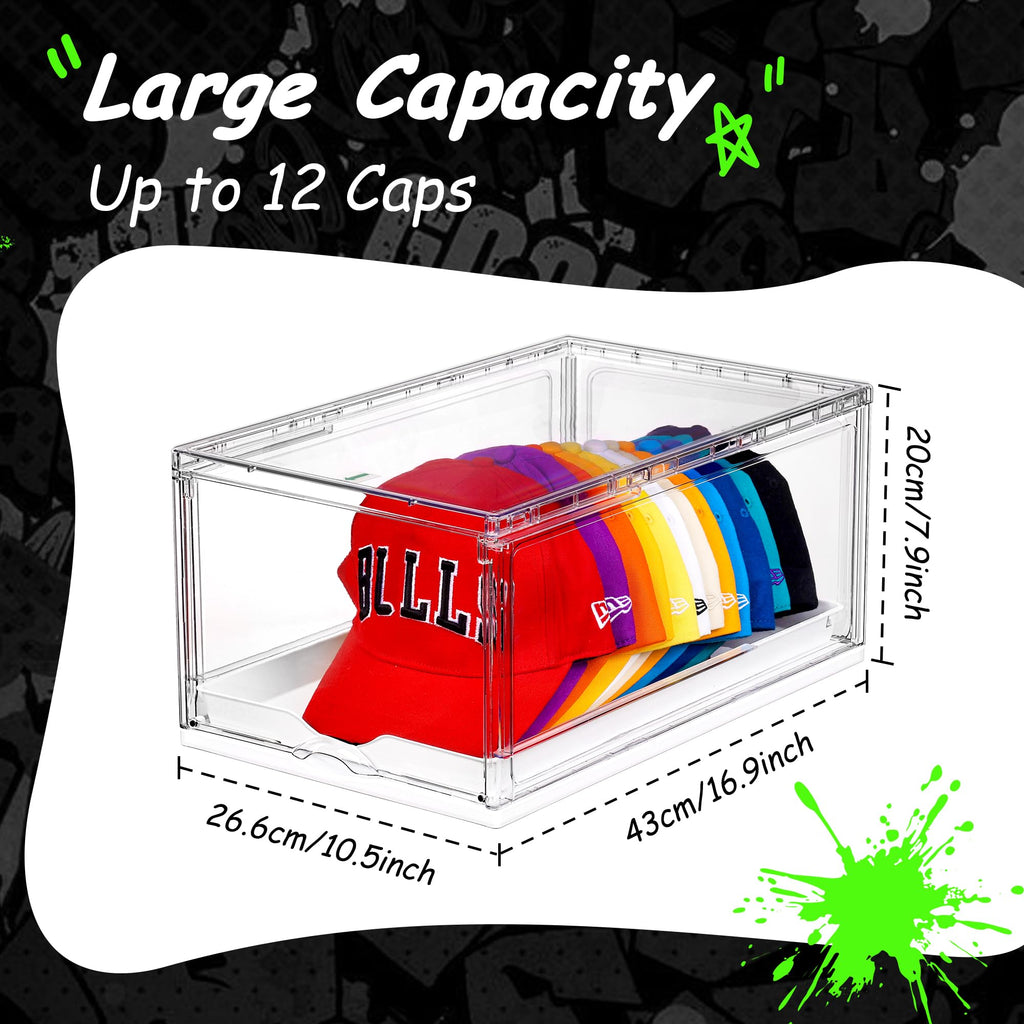 Vtopmart 2 Pack Hat Organizer for Baseball Caps, Clear Hats Holder Box with Drawer, Large Cap Storage with Sliding Tray, Stackable Rack Display Case with Magnetic Door, Each Holds 12 Hats