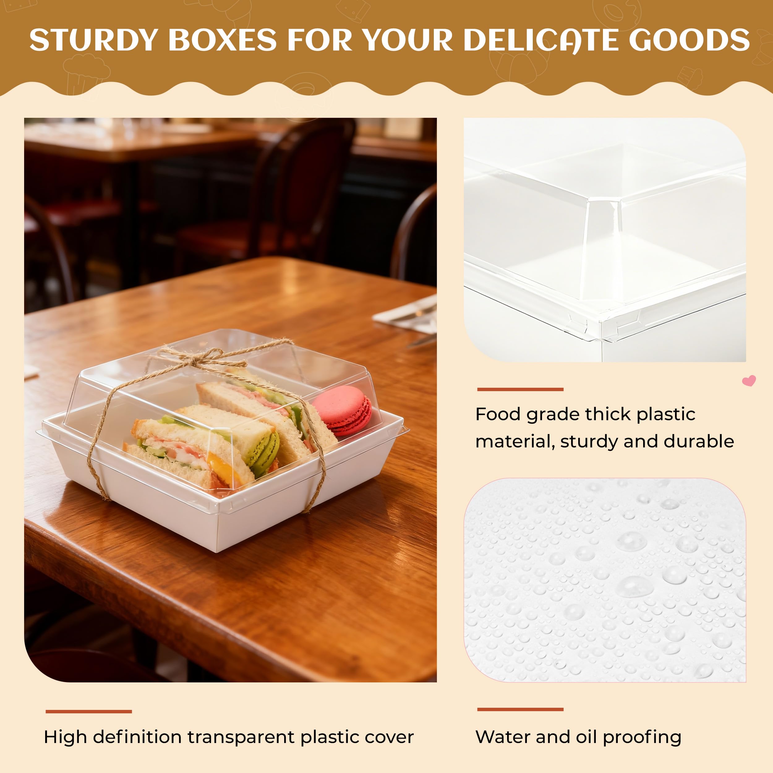 Disposable Charcuterie Boxes with Clear Lid, Food Boxes for Cold&Room Temperature Foods,Grease-Resistant Bakery Packaging for Pastry & Takeout Use 5.3x4.9x2.5INCH(50 Pack,Brown)