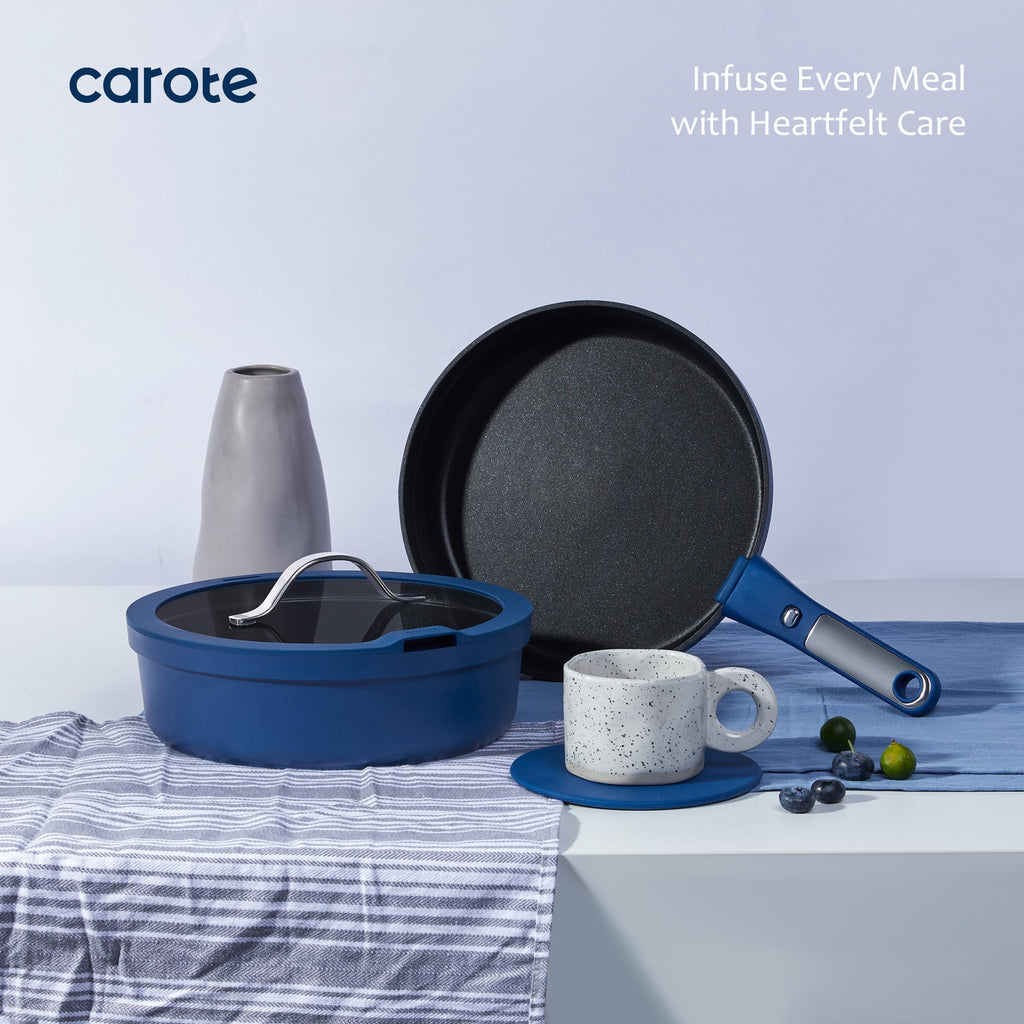 CAROTE 22pcs Pots and Pans Set Non Stick, Nonstick Cookware Set, Dishwasher/Oven/Fridge Safe Pots and Pans, Removable Handle RV Oven Safe Cookware, Induction Kitchen Set, Blue