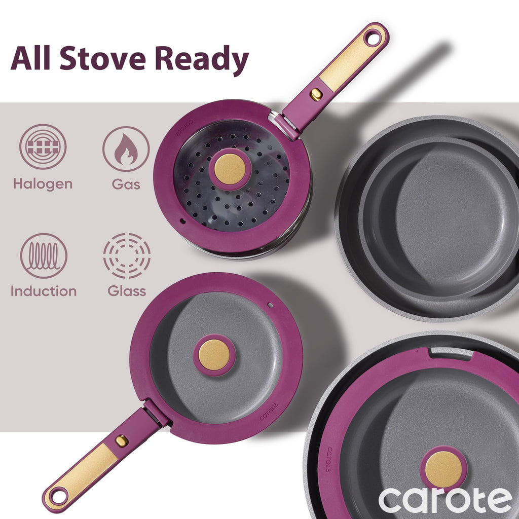 CAROTE 21pcs Pots and Pans Set, Nonstick Cookware Set Detachable Handle, Induction Kitchen Cookware Sets Non Stick with Removable Handle, RV Cookware Set, Gold and Purple