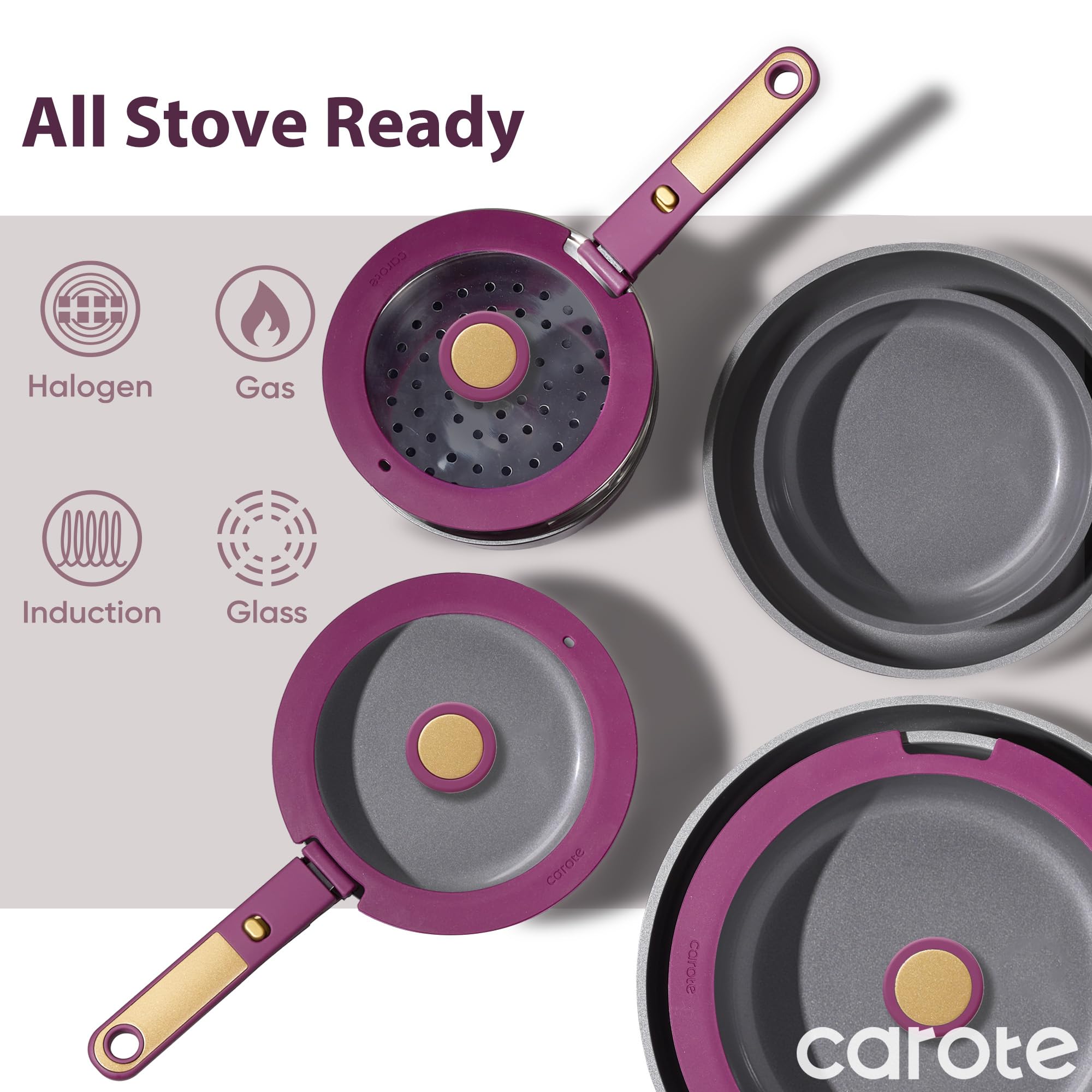 CAROTE 21pcs Pots and Pans Set, Nonstick Cookware Set Detachable Handle, Induction Kitchen Cookware Sets Non Stick with Removable Handle, RV Cookware Set, Gold and Purple