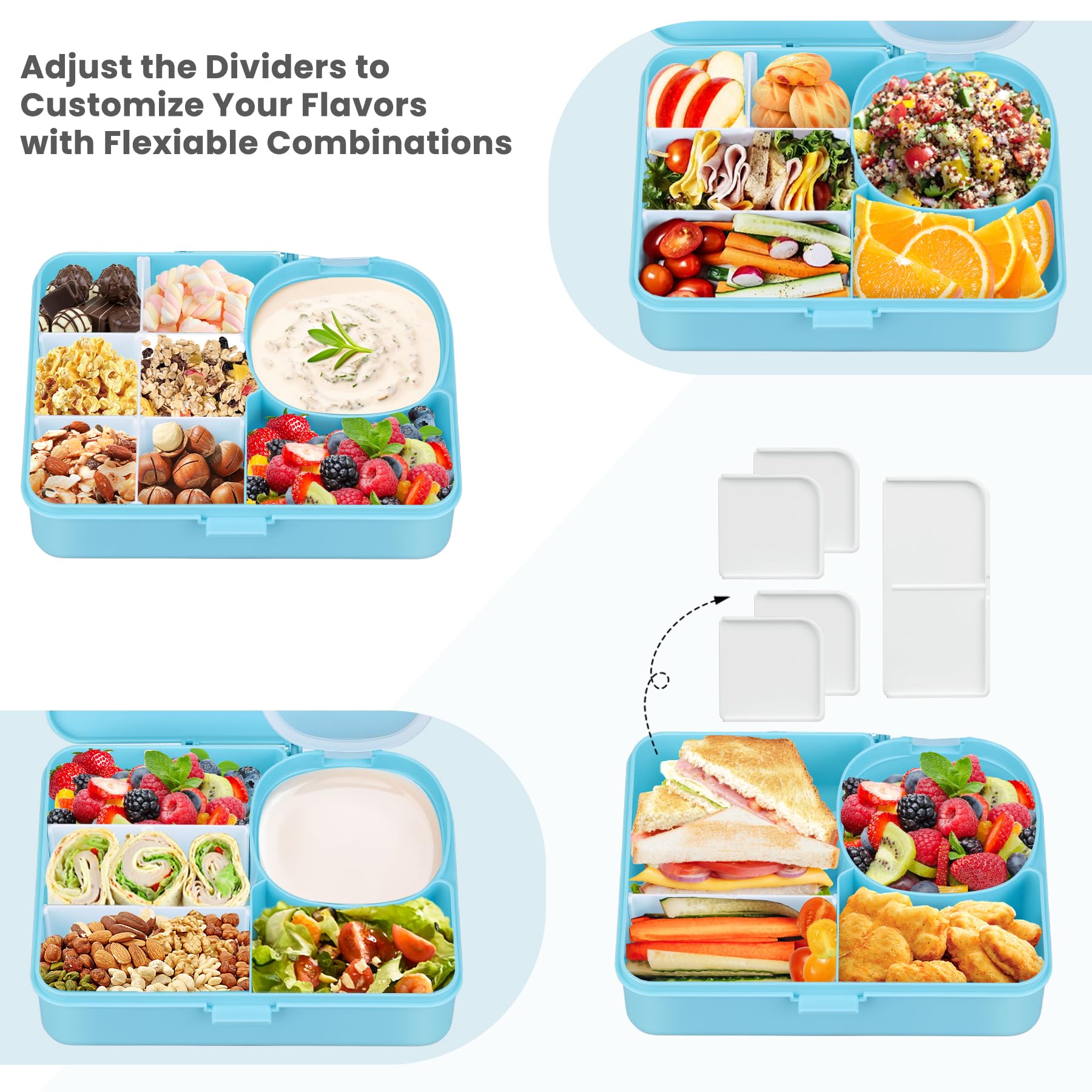 Snack Box Container for Kids Adults Reusable Snackle Box with Adjustable Dividers Airtight Snack Organizer with Compartents Toddler Bento Lunch Box Leak Proof for Office,School,Travel,Outdoor