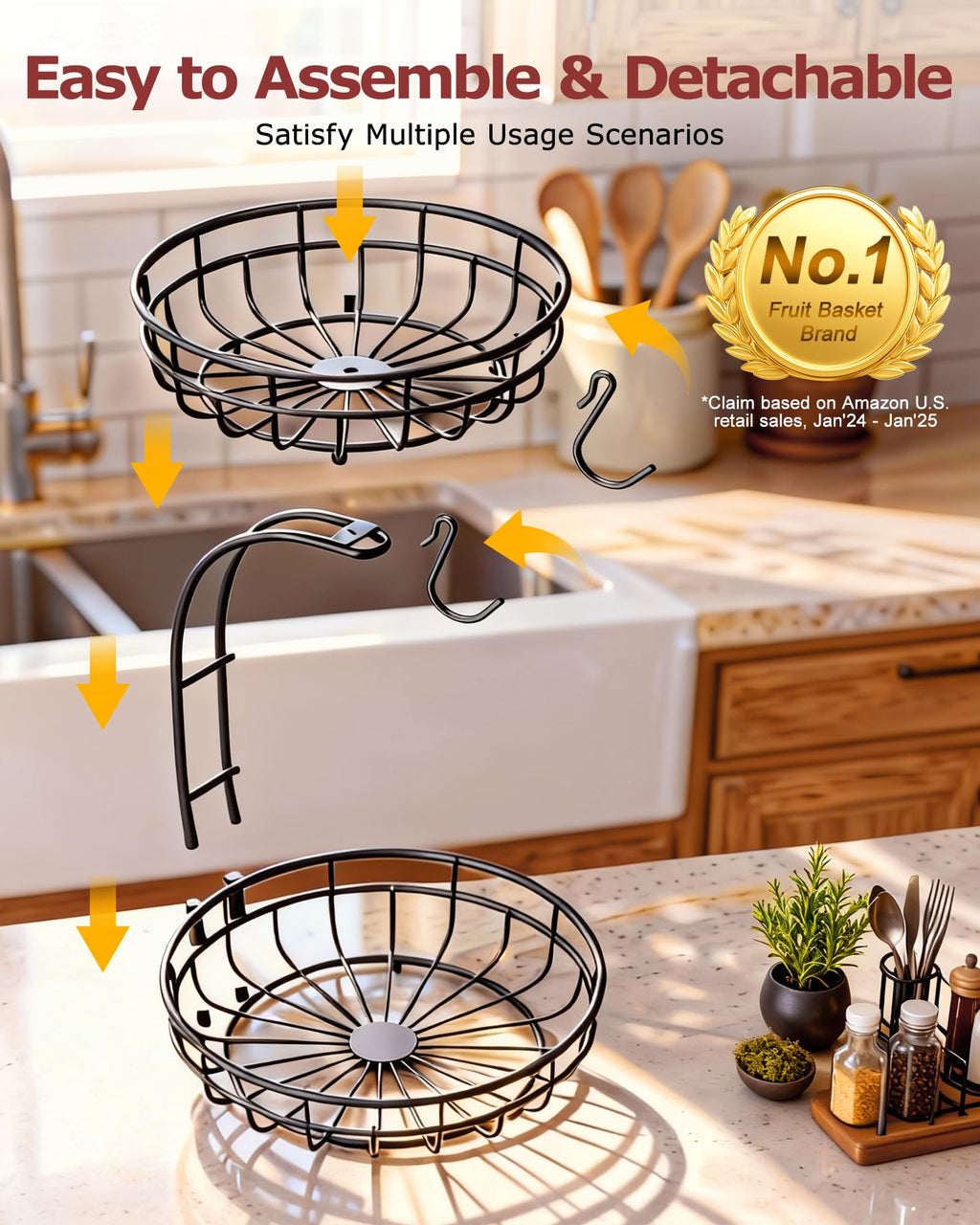2 Tier Large Fruit Basket for Kitchen Counter with Removable Banana Hanger - Sturdy Iron Fruit Bowl for Kitchen Counter and Vegetable Holder, Fruit Holder for Kitchen Countertop, Black