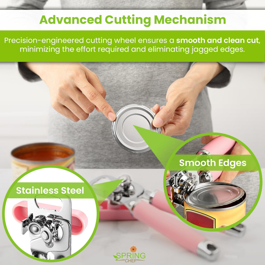 Spring Chef Stainless Steel Can Opener - Manual with Soft Grip Handles, Easy Turn, Heavy Duty Hand Can Openers for Seniors with Smooth Edge - Magnetic Lid Remover - Black