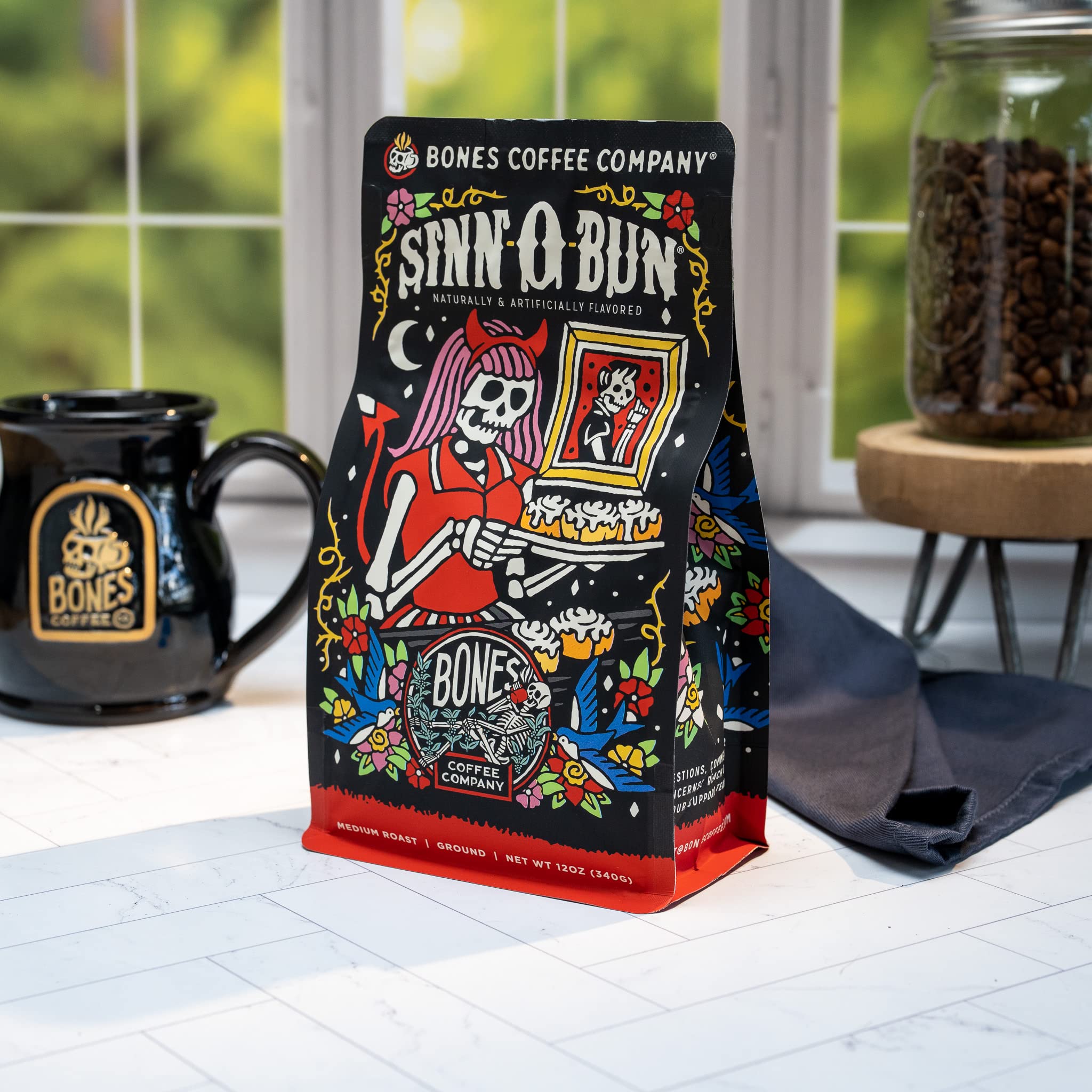 Bones Coffee Company Cinnamon Roll Flavored Coffee, Medium Roast Low Acid Arabica Beans Compatible with Auto drip and French Press Coffee Maker, 12 Oz Ground