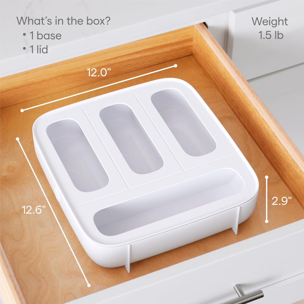 StoraBag Drawer Food Bags Dispenser, 4-Slot, Plastic Sandwich Bag Organizer for Kitchen Storage, White
