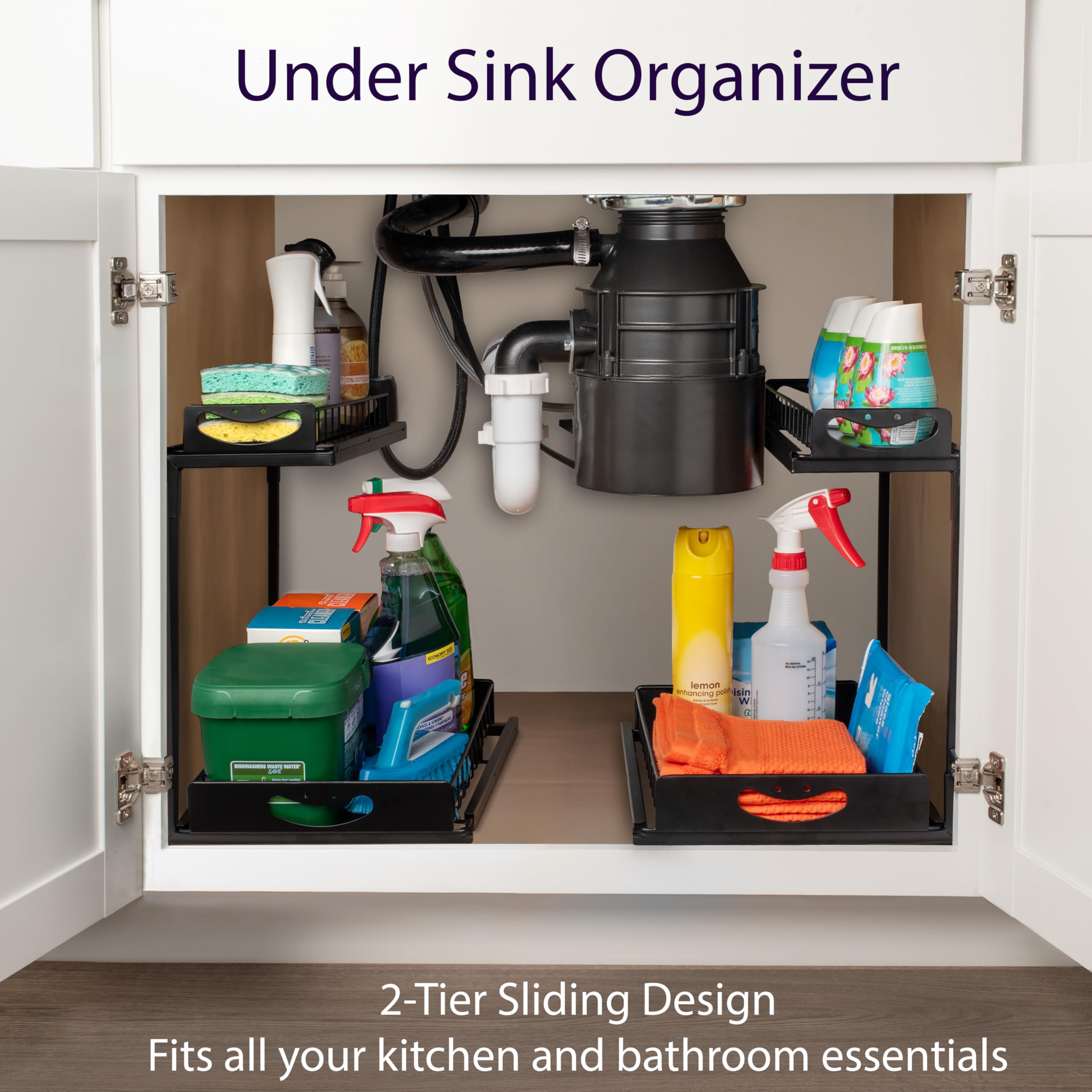 ClearSpace Under Sink Organizer, Pull Out Cabinet Organizer, 2 Pack - 2 Tier Slide Out Organizers and Storage Shelf - Metal Sliding Drawer for Kitchen Bathroom Pantry Cabinet Organization Rack, Black