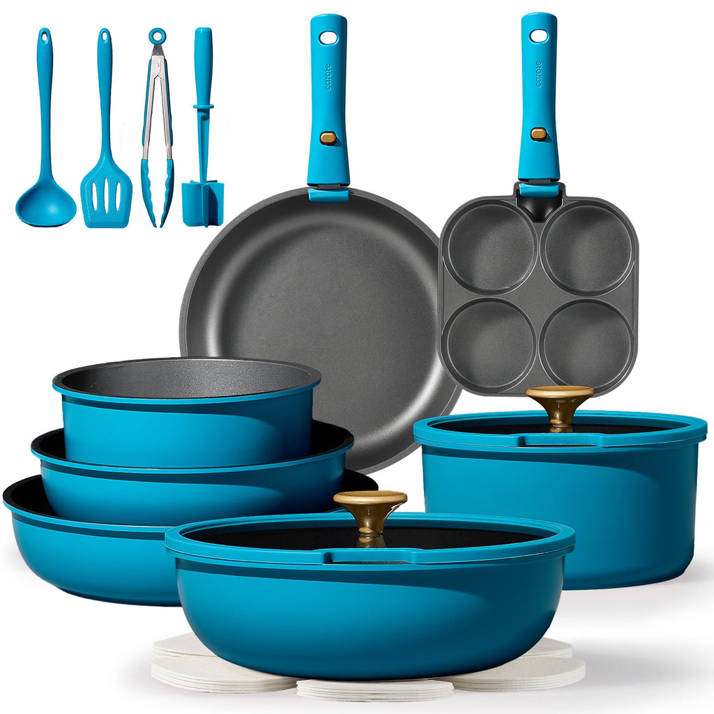CAROTE 21pcs Pots and Pans Set, Nonstick Cookware Set Detachable Handle, Induction Kitchen Cookware Sets Non Stick with Removable Handle, RV Cookware Set, Gold and Purple