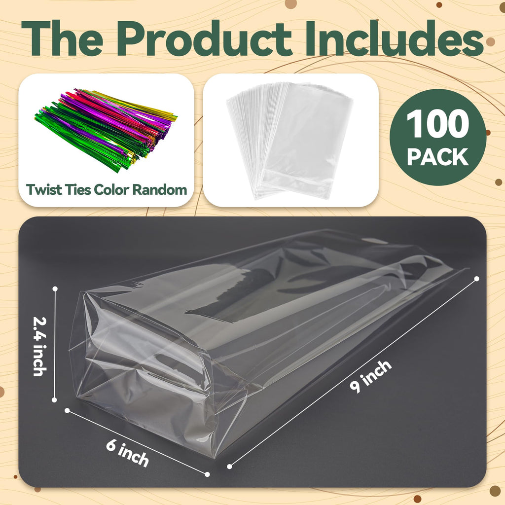 NPLUX 100 Pack Cellophane Bags Clear Flat Bottom Cellophane Treat Bags Gusseted with 100 Pack Twist Ties for Candy Popcorn Cookie Small Gift Wrapping(6×9×2.4 Inches)