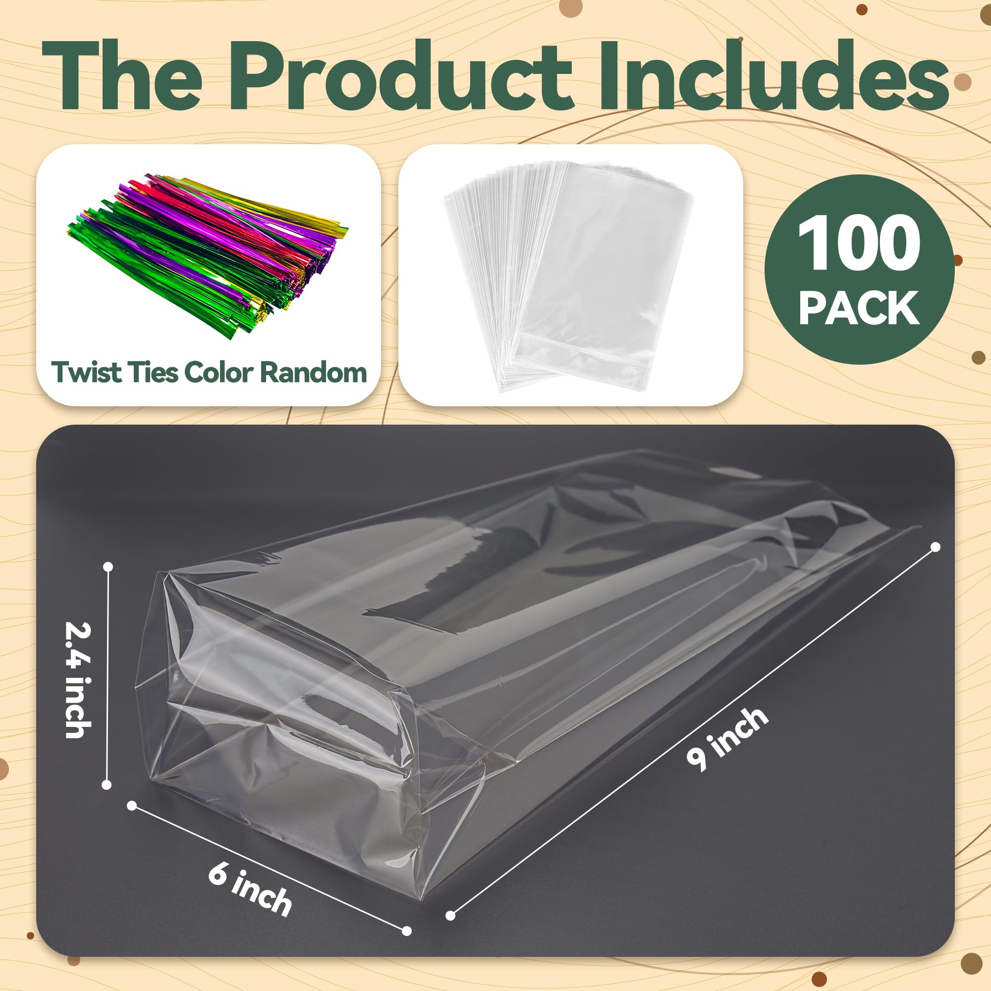 NPLUX 100 Pack Cellophane Bags Clear Flat Bottom Cellophane Treat Bags Gusseted with 100 Pack Twist Ties for Candy Popcorn Cookie Small Gift Wrapping(6×9×2.4 Inches)